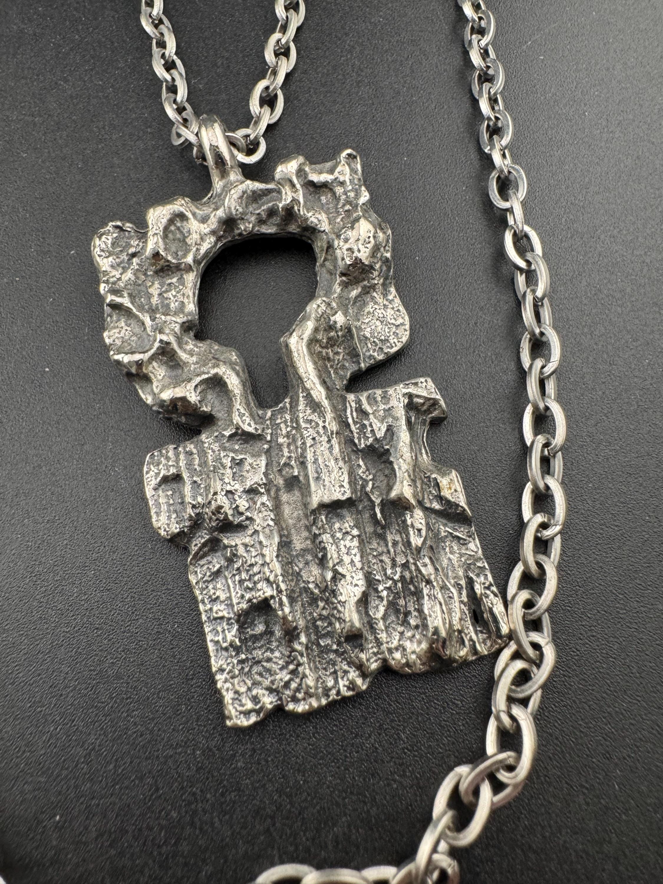 Vintage 1970s signed Robert Larin abstract brutalist pendant on 64cm chain, Canadian designer