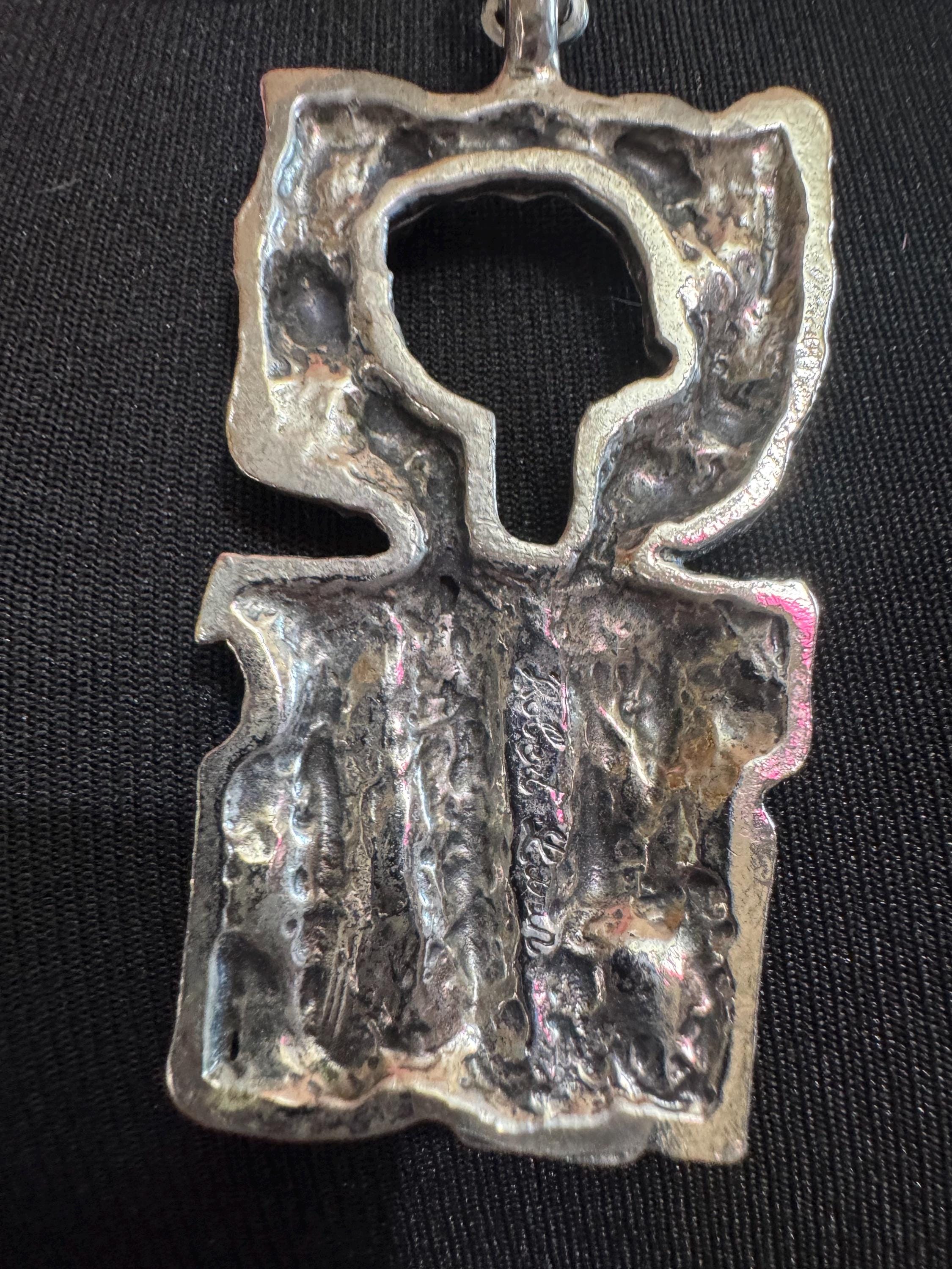 Vintage 1970s signed Robert Larin abstract brutalist pendant on 64cm chain, Canadian designer