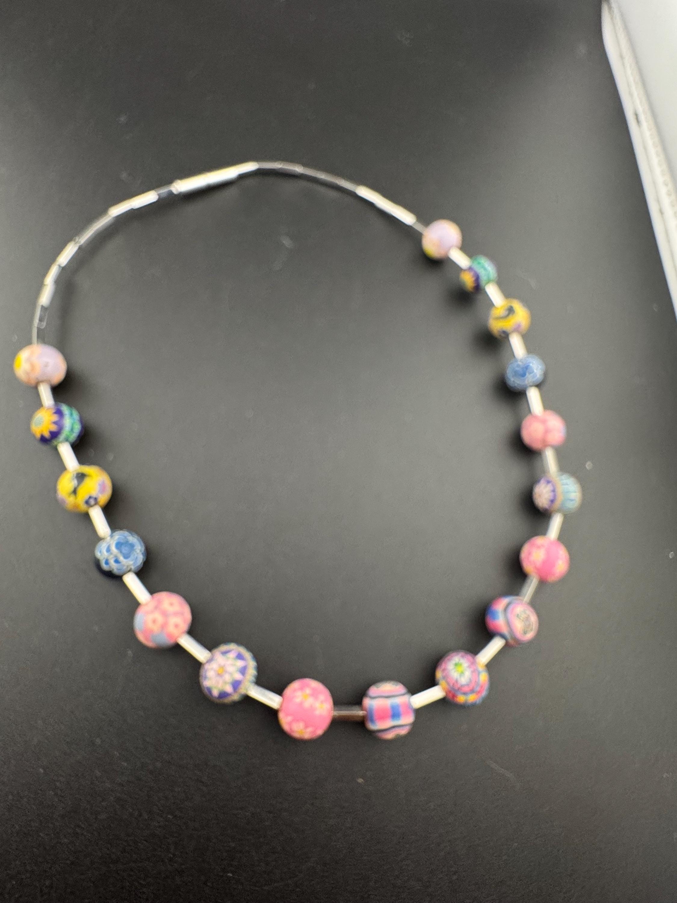 Vintage signed SWATCH iconic 1980s coloured round beaded collar necklace  45cm, yellow, pink, blue beads