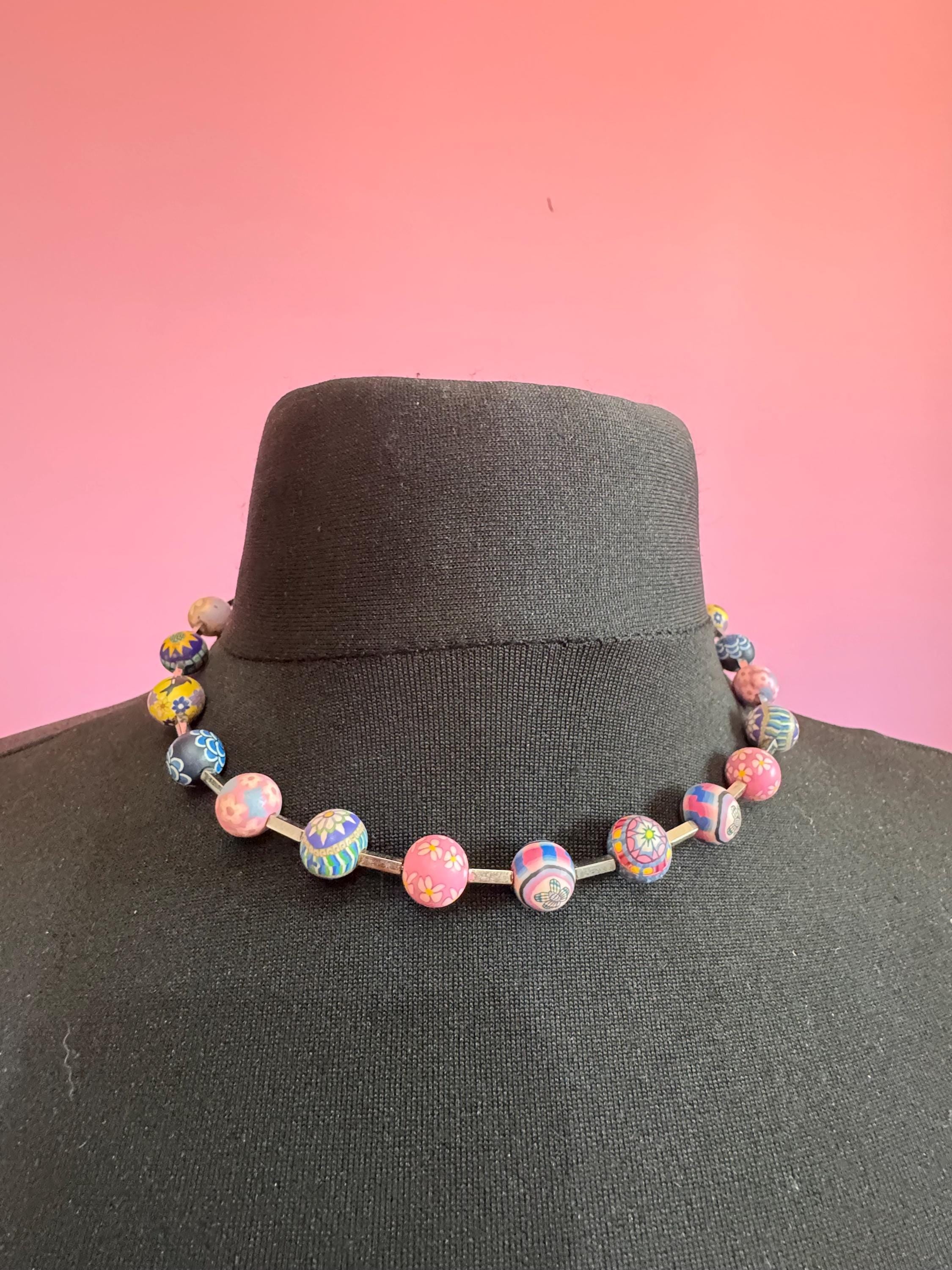 Vintage signed SWATCH iconic 1980s coloured round beaded collar necklace  45cm, yellow, pink, blue beads