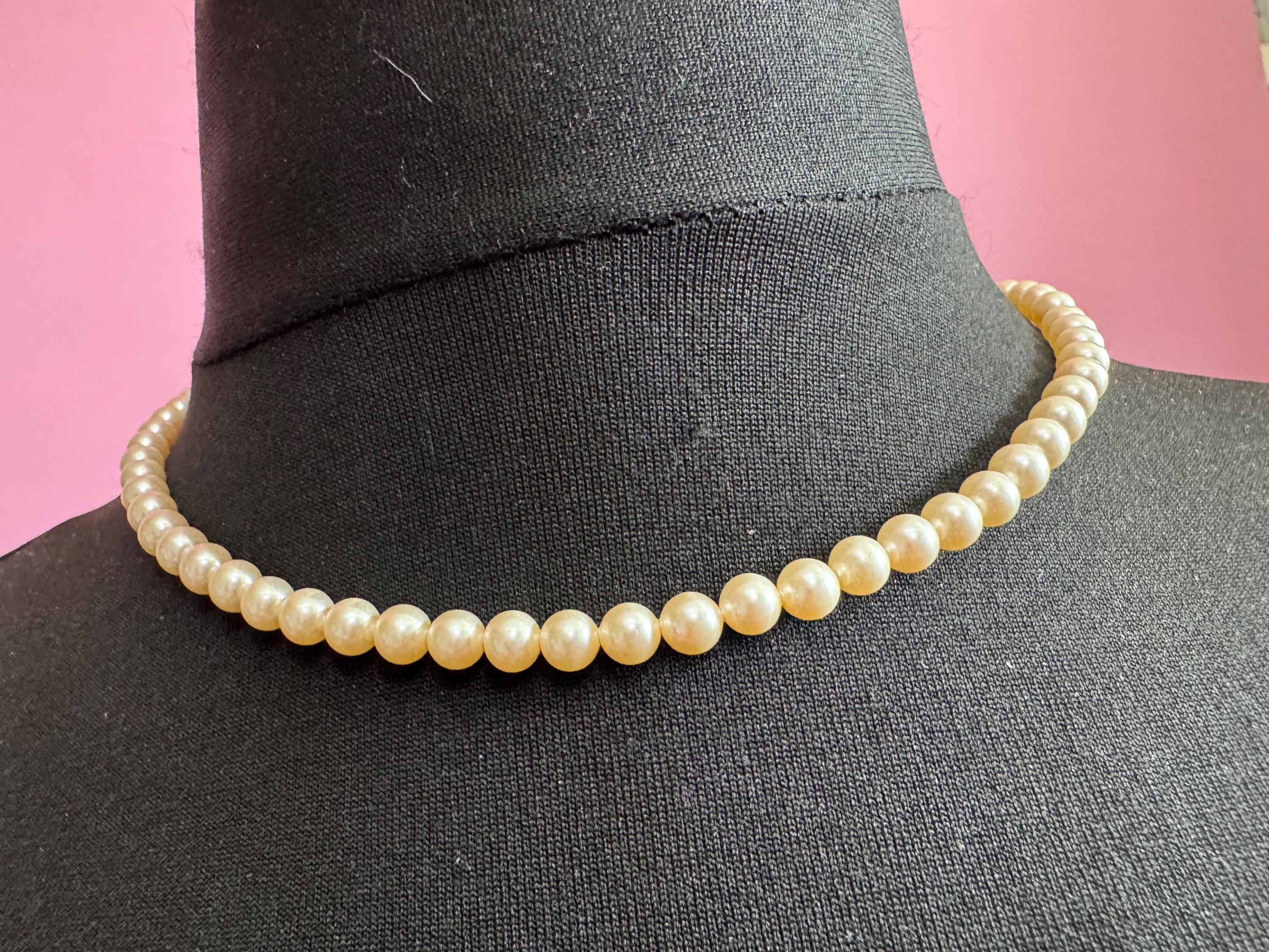 Vintage Cream Glass Pearl Necklace: Gold Plated Sterling Silver Clasp