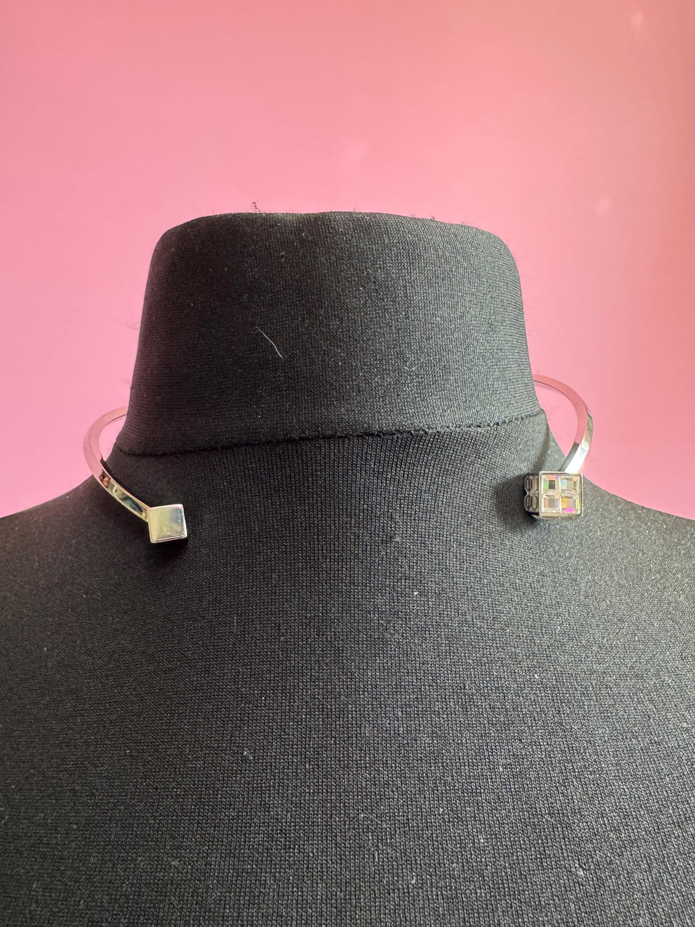 Retro SWATCH Choker Necklace: Silver Plated Torque, Enamel & Rhinestone Cubes