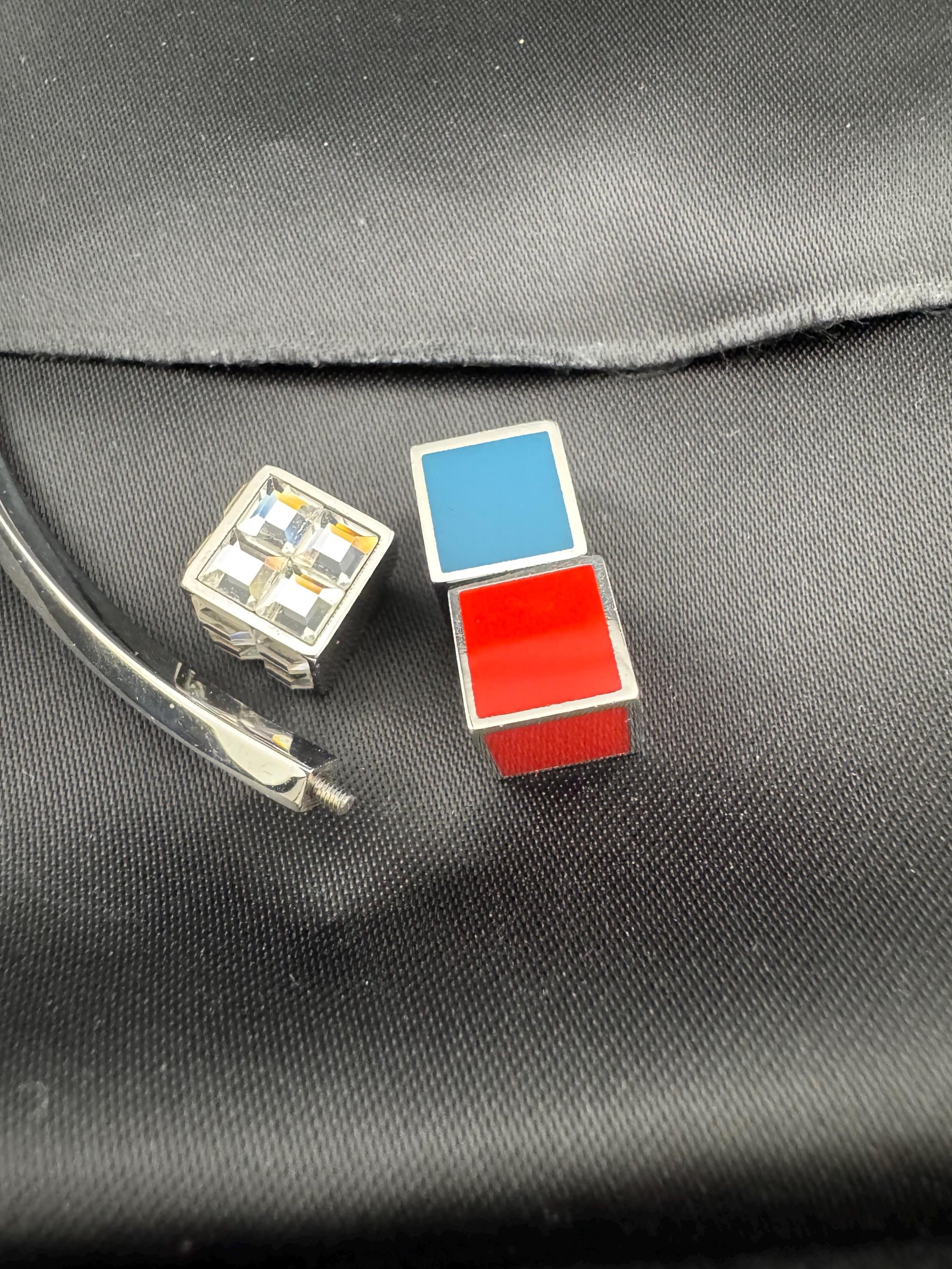 Retro SWATCH Choker Necklace: Silver Plated Torque, Enamel & Rhinestone Cubes