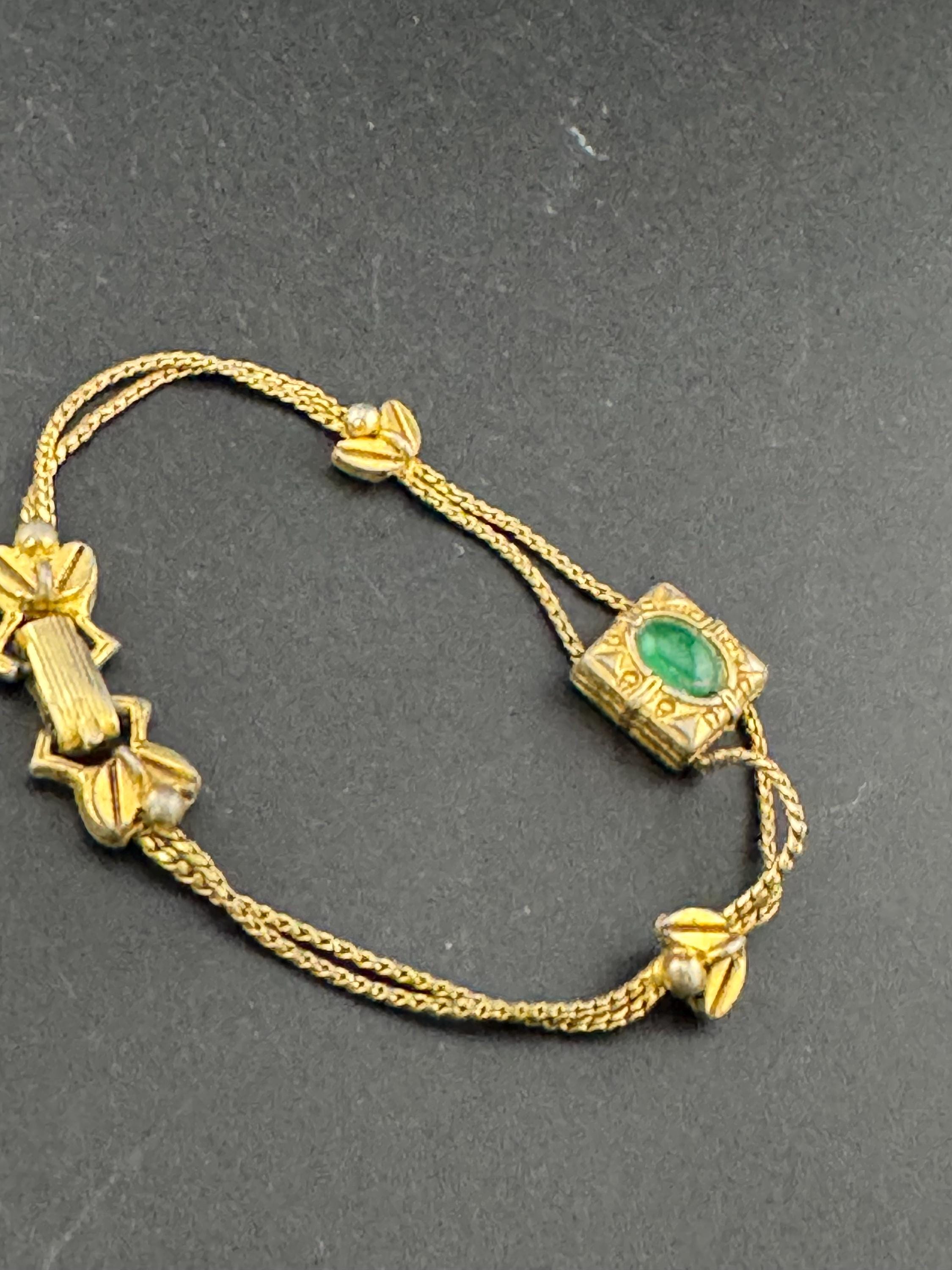 As found signed goldette Vintage Gold Tone seed pearl and green cabochon style panel link bracelet 18cm mid century