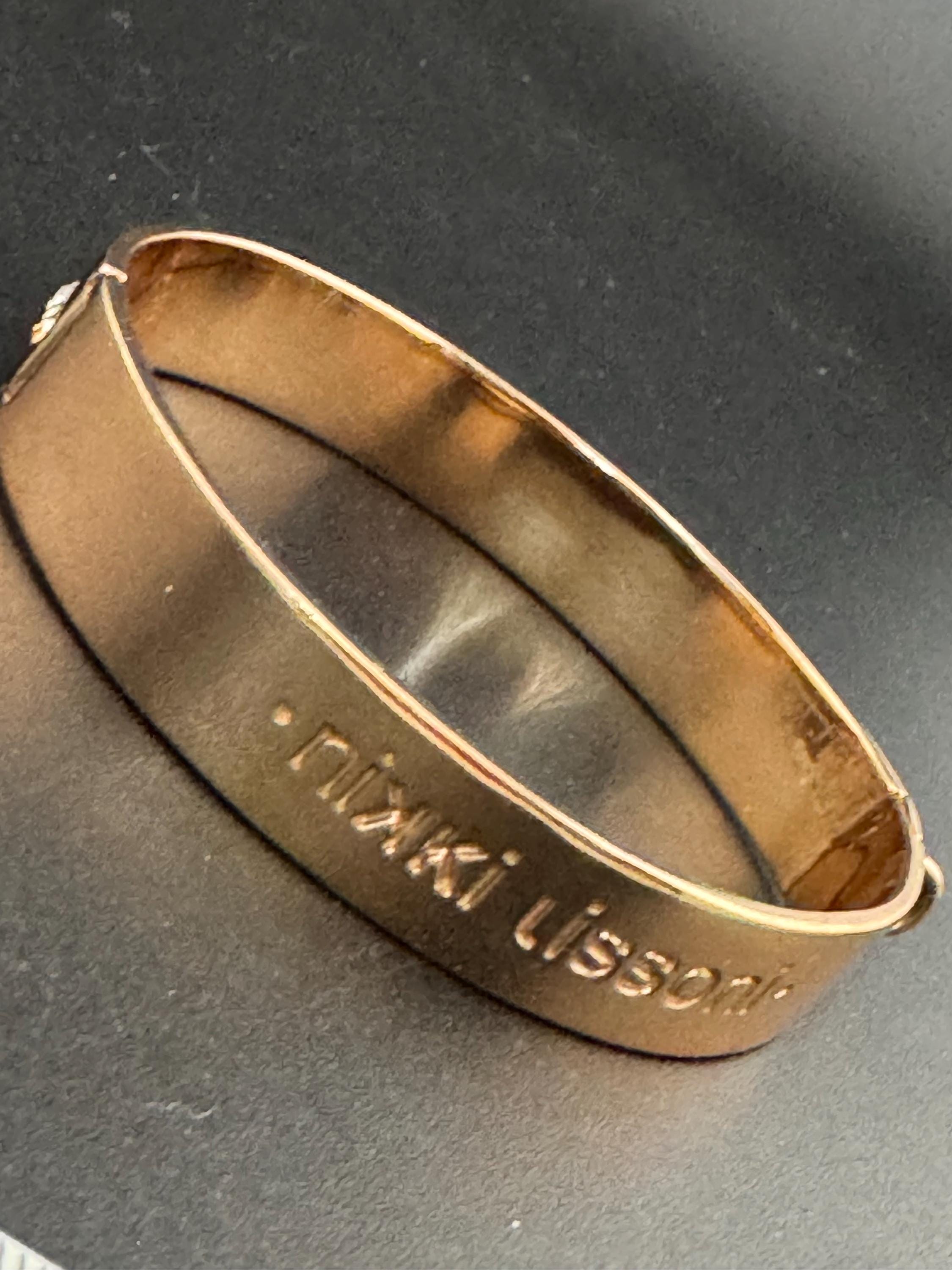 retro designer NIKKI LISSONI signed copper gold plated 1.5cm wide diamanté crystal set bangle bracelet for charms