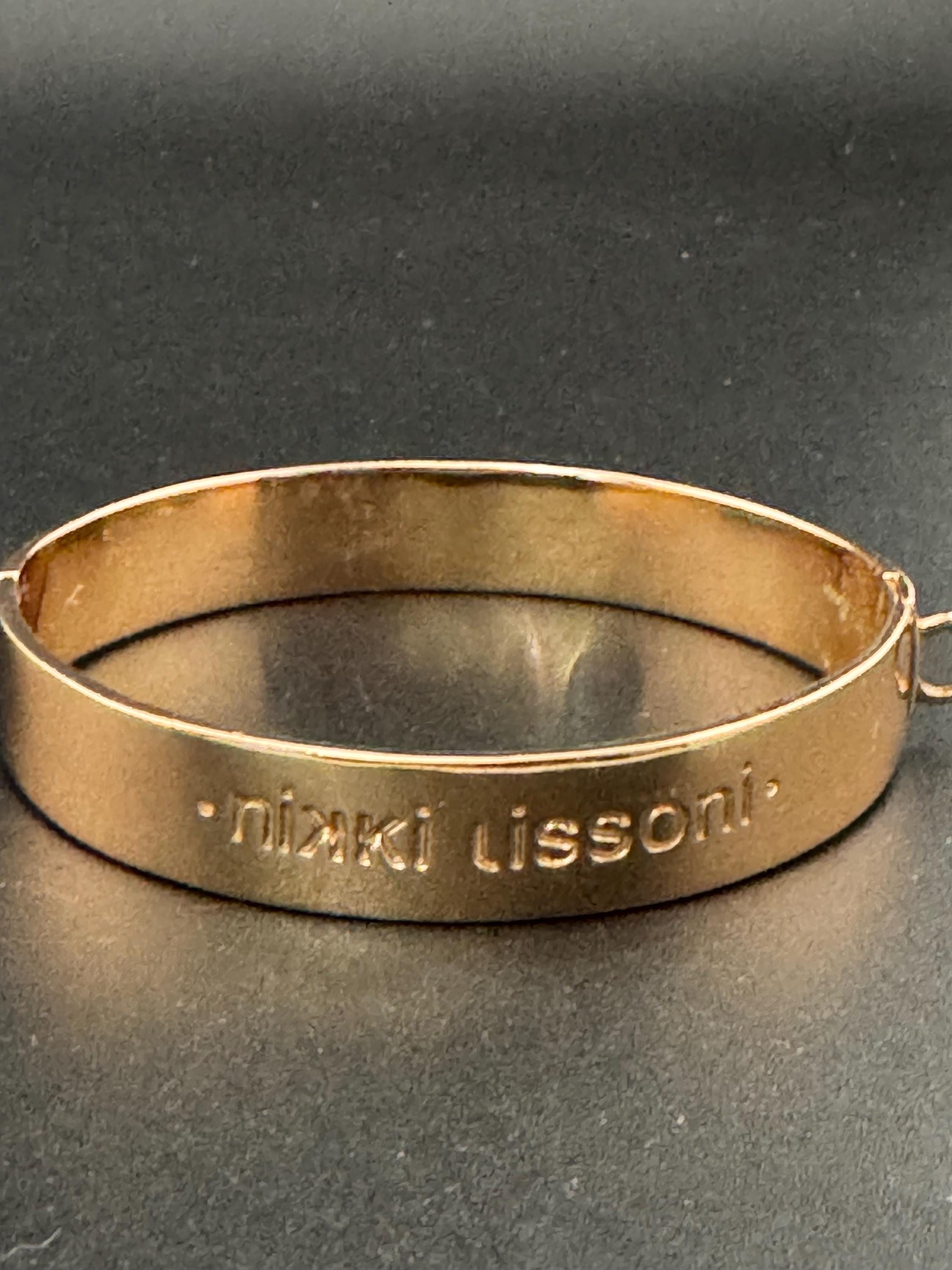 retro designer NIKKI LISSONI signed copper gold plated 1.5cm wide diamanté crystal set bangle bracelet for charms