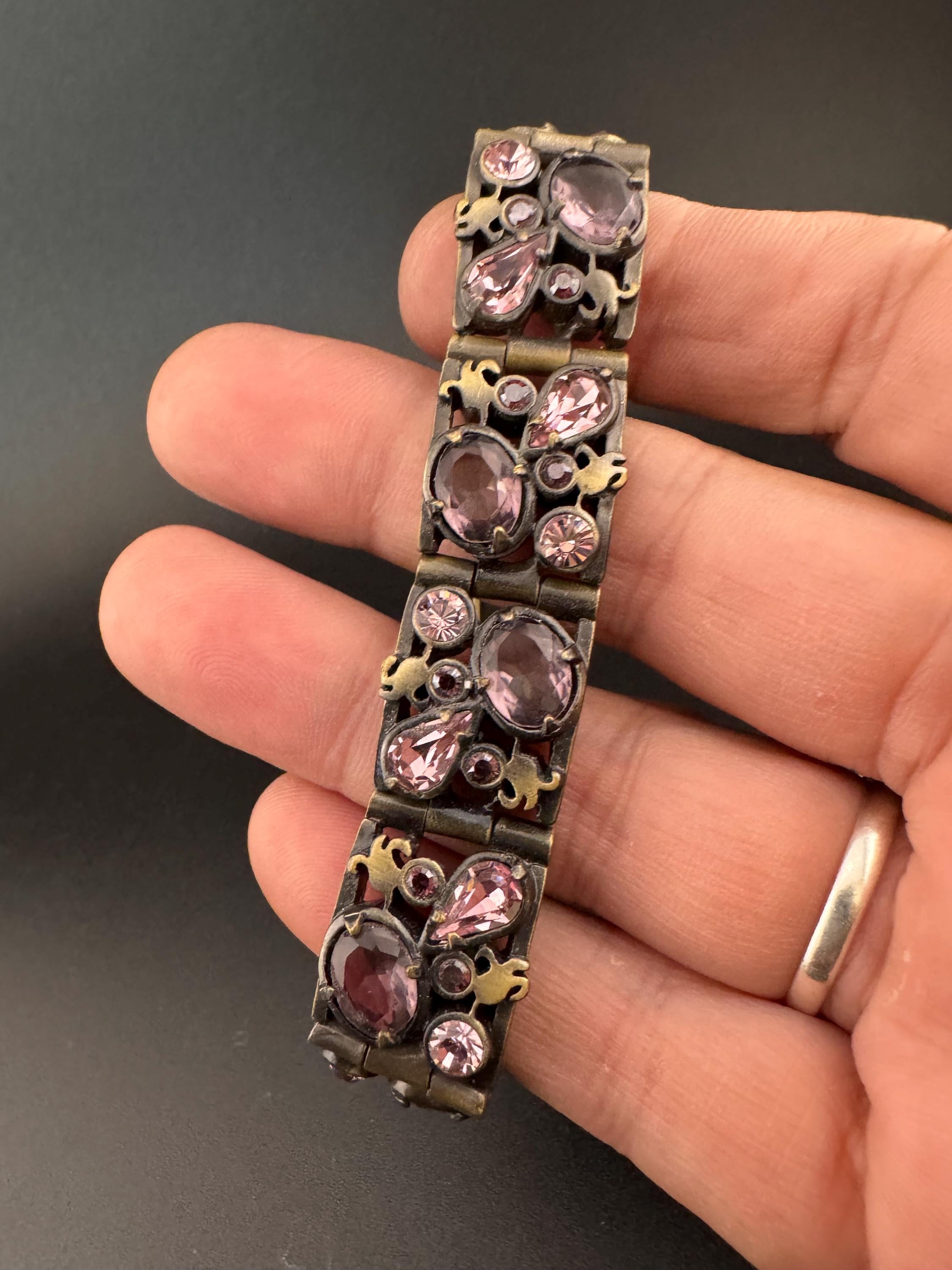 Signed Dryberg Kern Danish designer antique gold tone amethyst crystal set bracelet 16-20cm