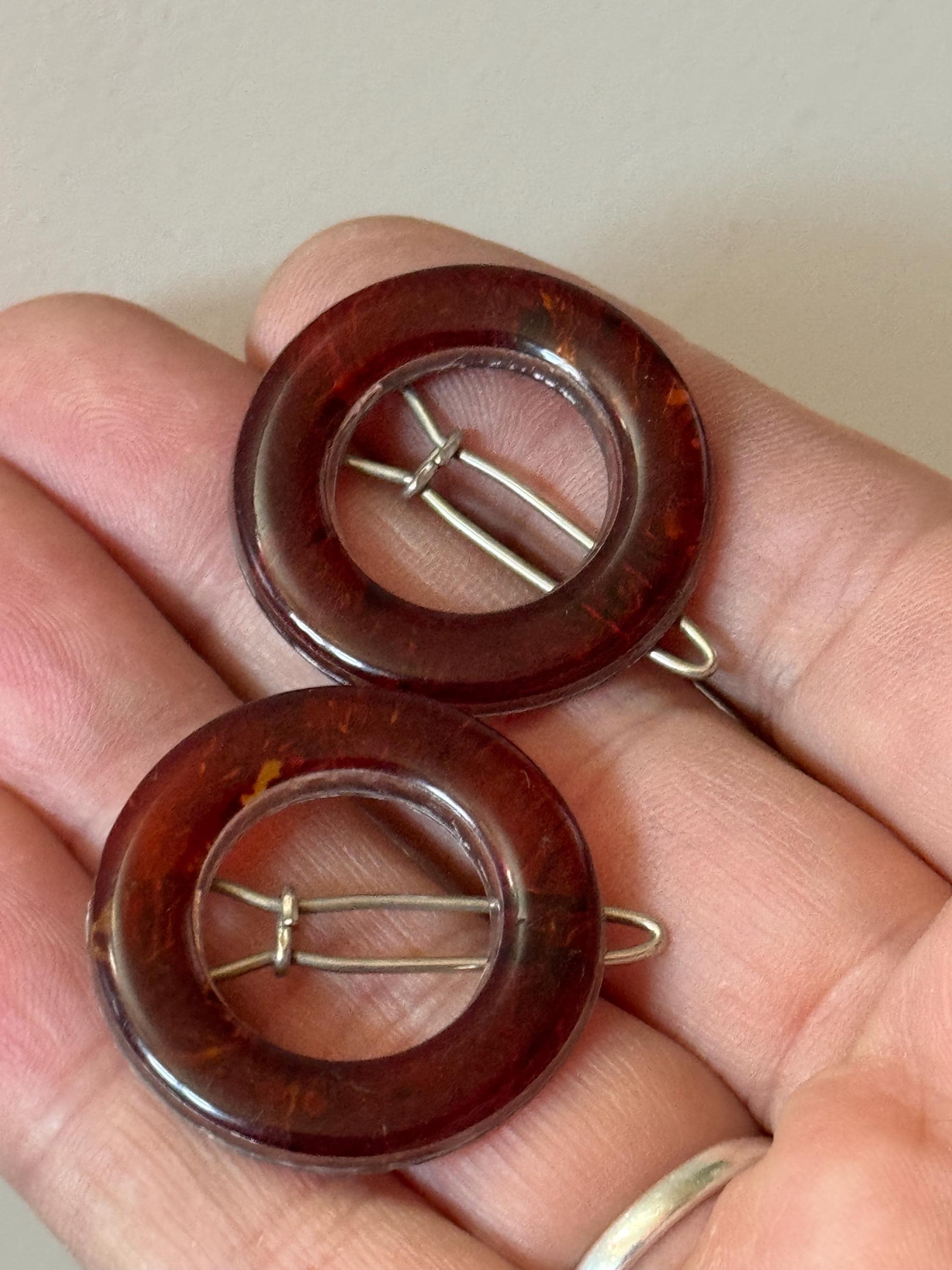 Vintage Pair of French round Hair Clips Brown Faux Tortoiseshell Style Plastic Grips Hair Slides Made in France