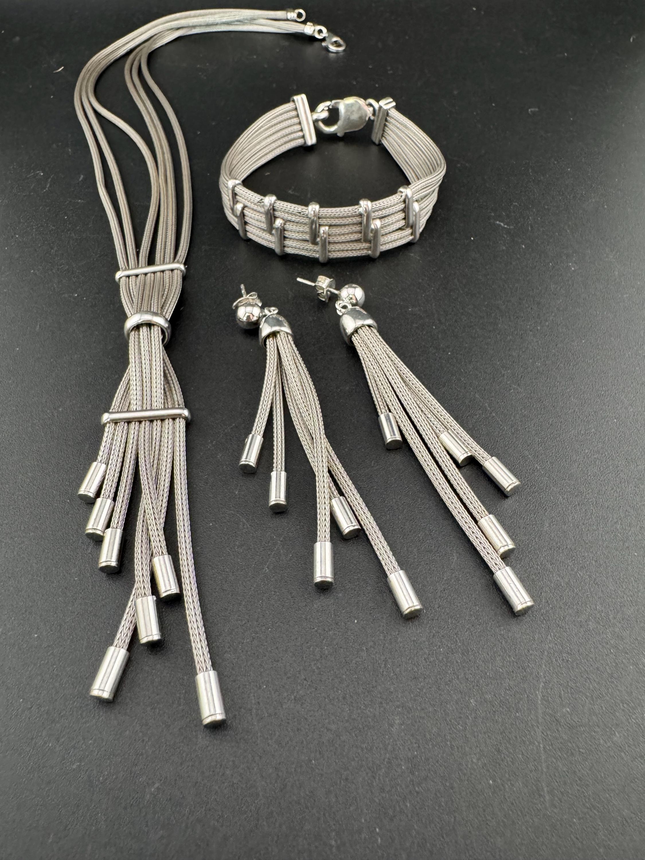 Stamped 925 sterling silver modernist woven mesh tassel necklace with matching braceket and drop earrings jewellery set