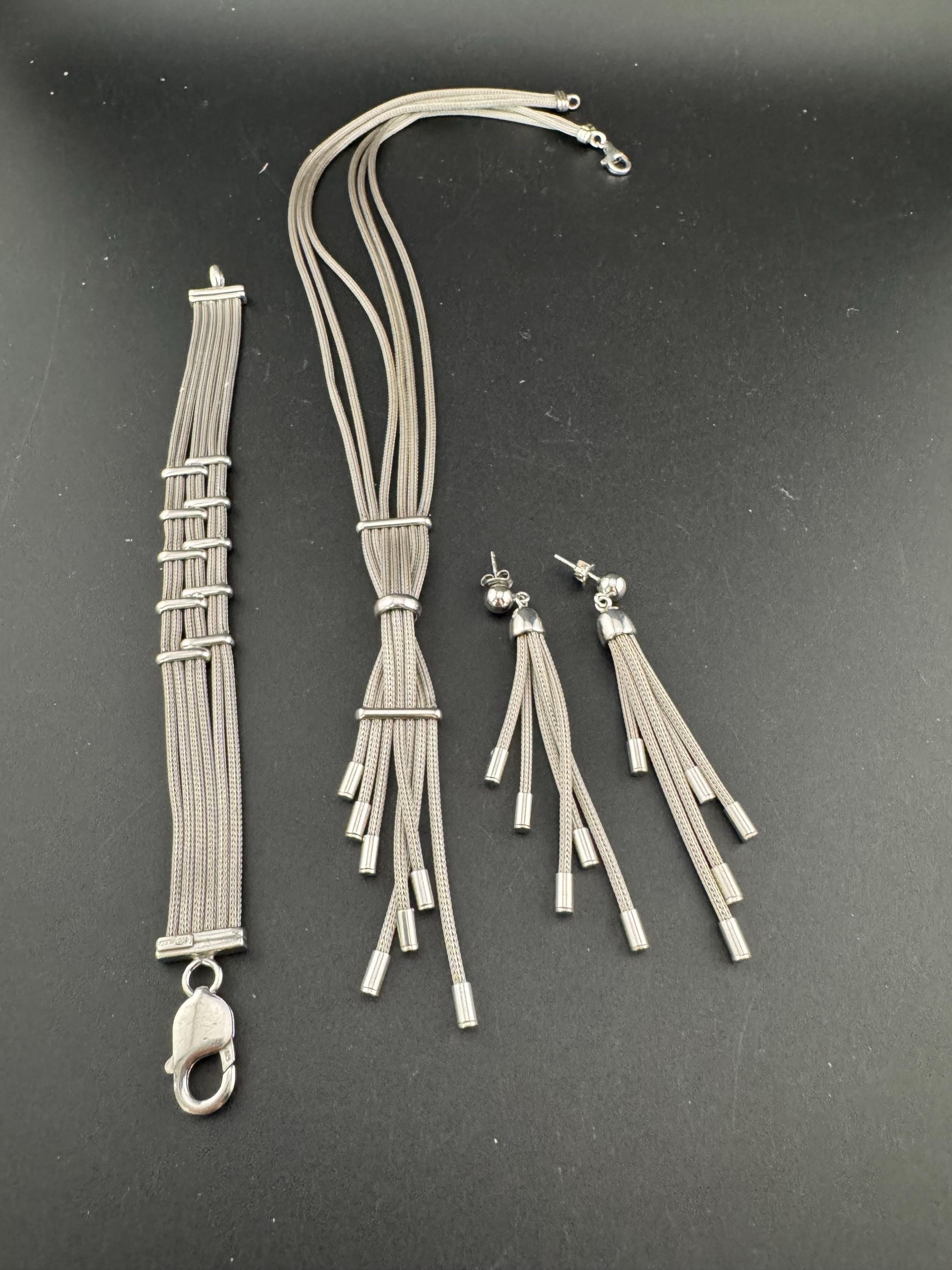 Stamped 925 sterling silver modernist woven mesh tassel necklace with matching braceket and drop earrings jewellery set