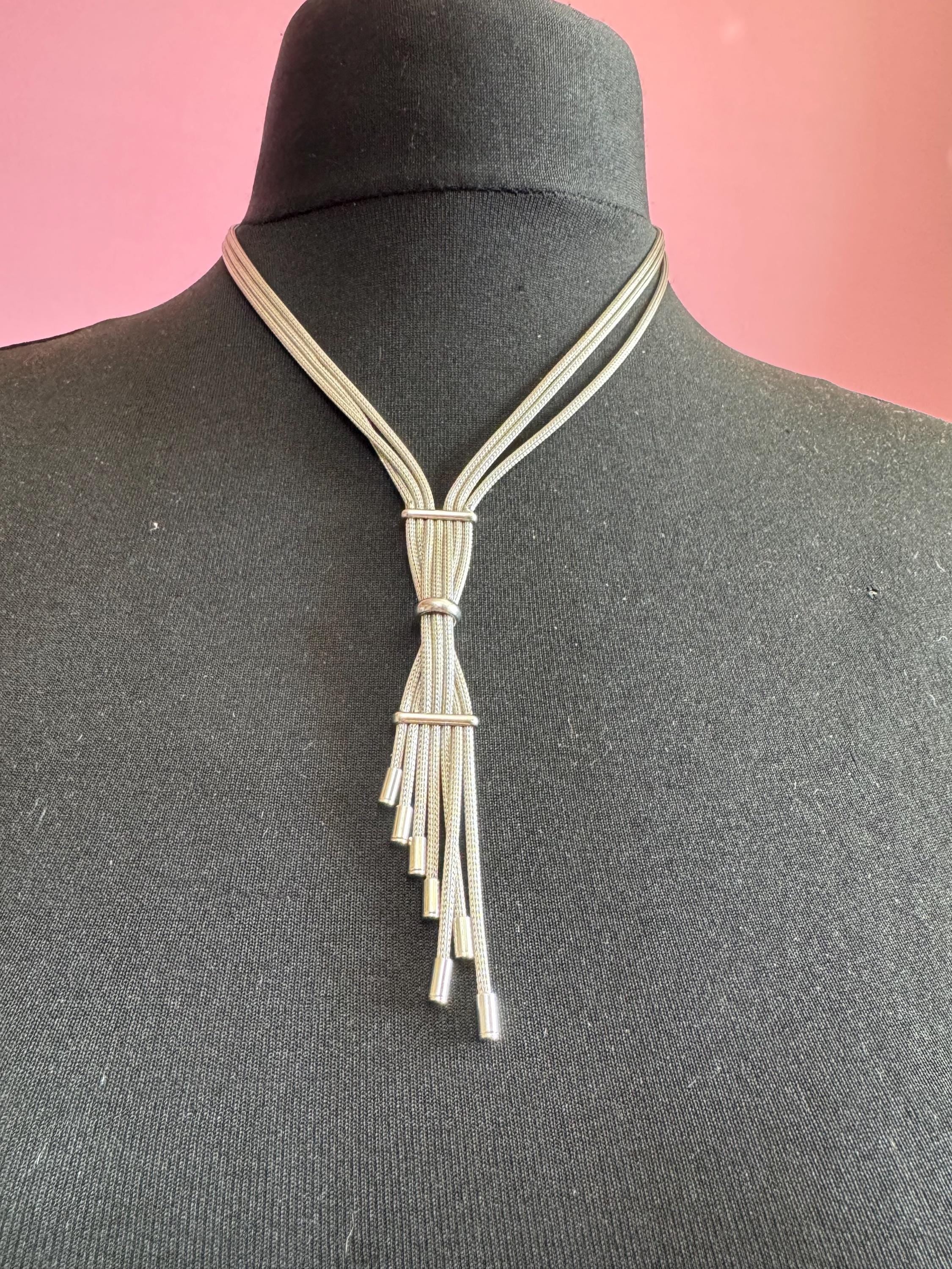 Stamped 925 sterling silver modernist woven mesh tassel necklace with matching braceket and drop earrings jewellery set