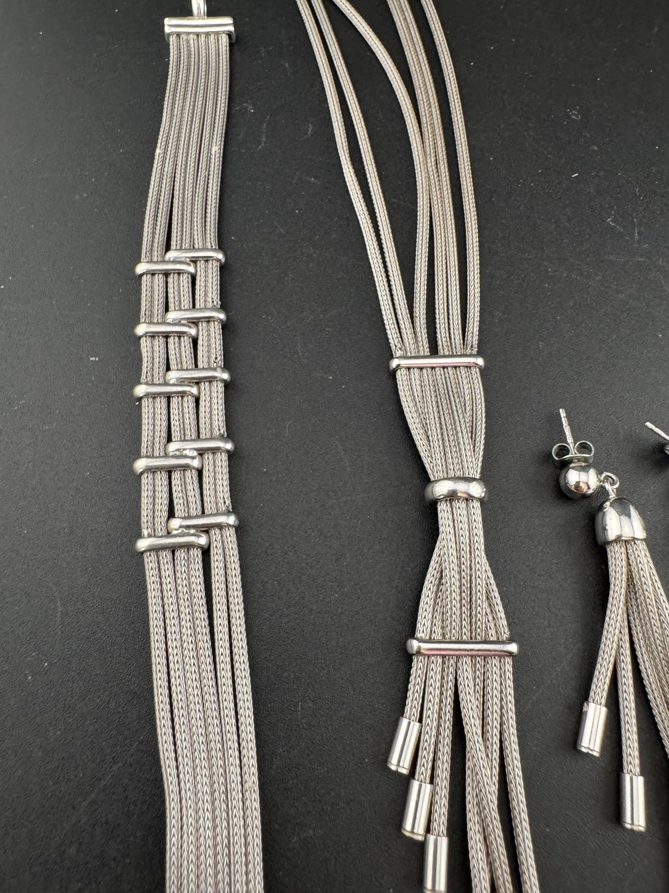 Stamped 925 sterling silver modernist woven mesh tassel necklace with matching braceket and drop earrings jewellery set