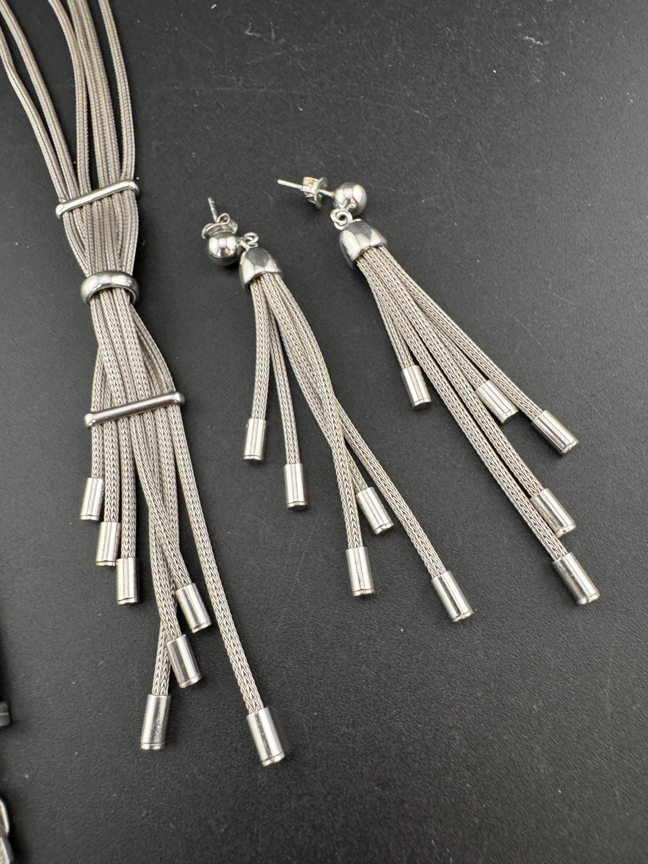 Stamped 925 sterling silver modernist woven mesh tassel necklace with matching braceket and drop earrings jewellery set