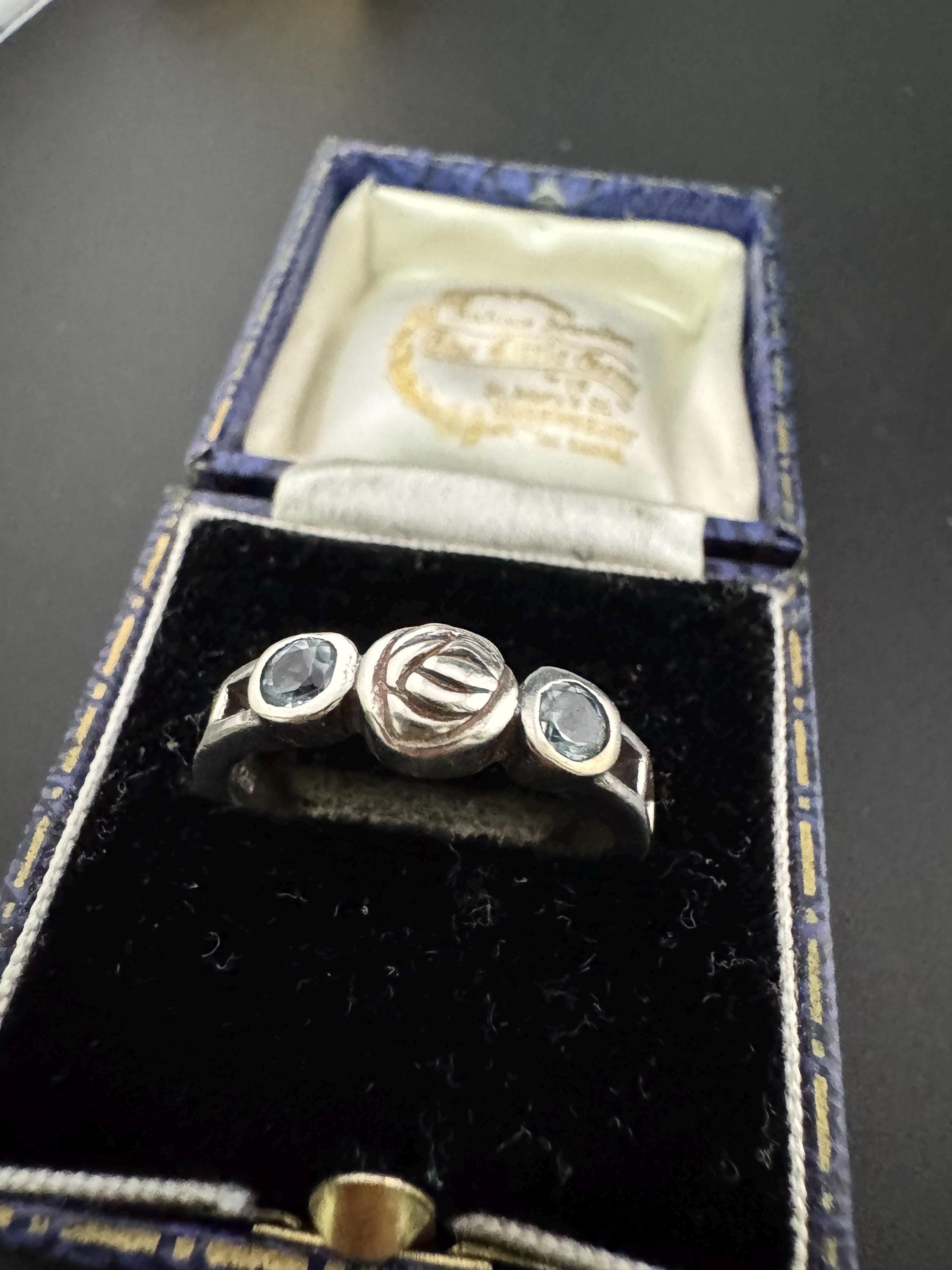 Art Nouveau Sterling Silver Ring: Light Blue Gemstone Dress Ring, Size P