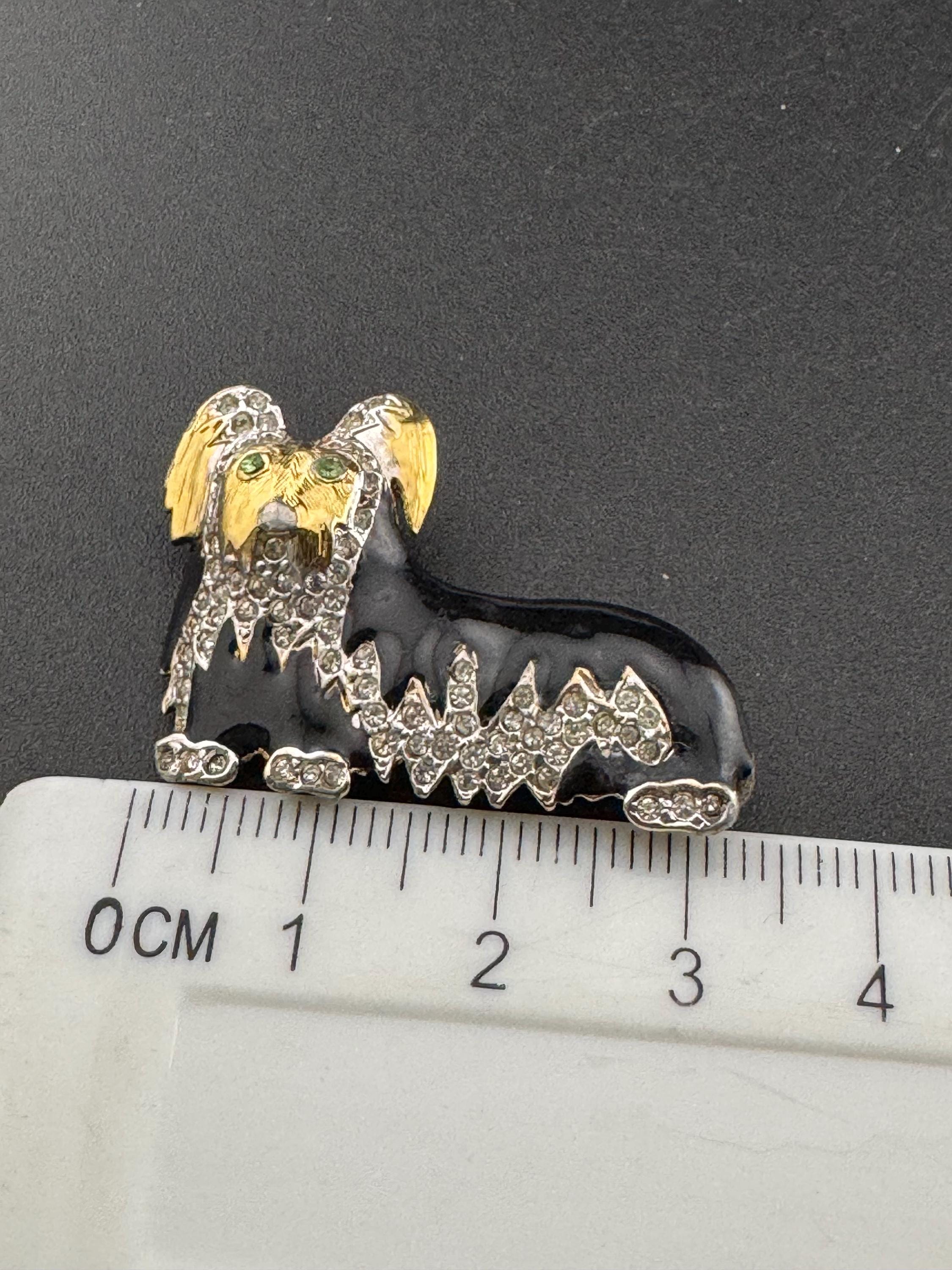 signed D'orlan Vintage novelty black enamel and diamanté rhinestone small dog brooch designer