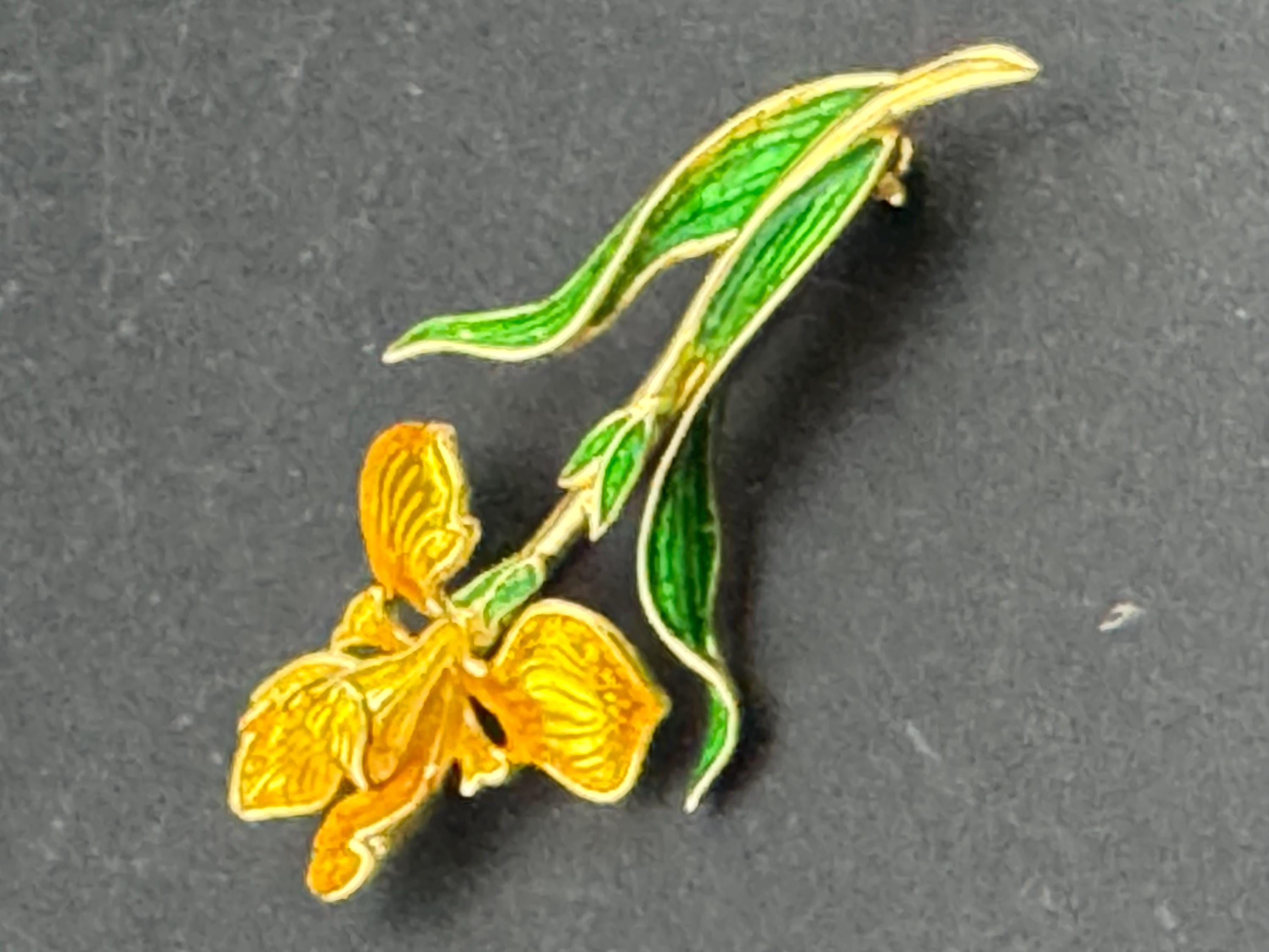 Vintage signed yellow green enamel orchid flower brooch