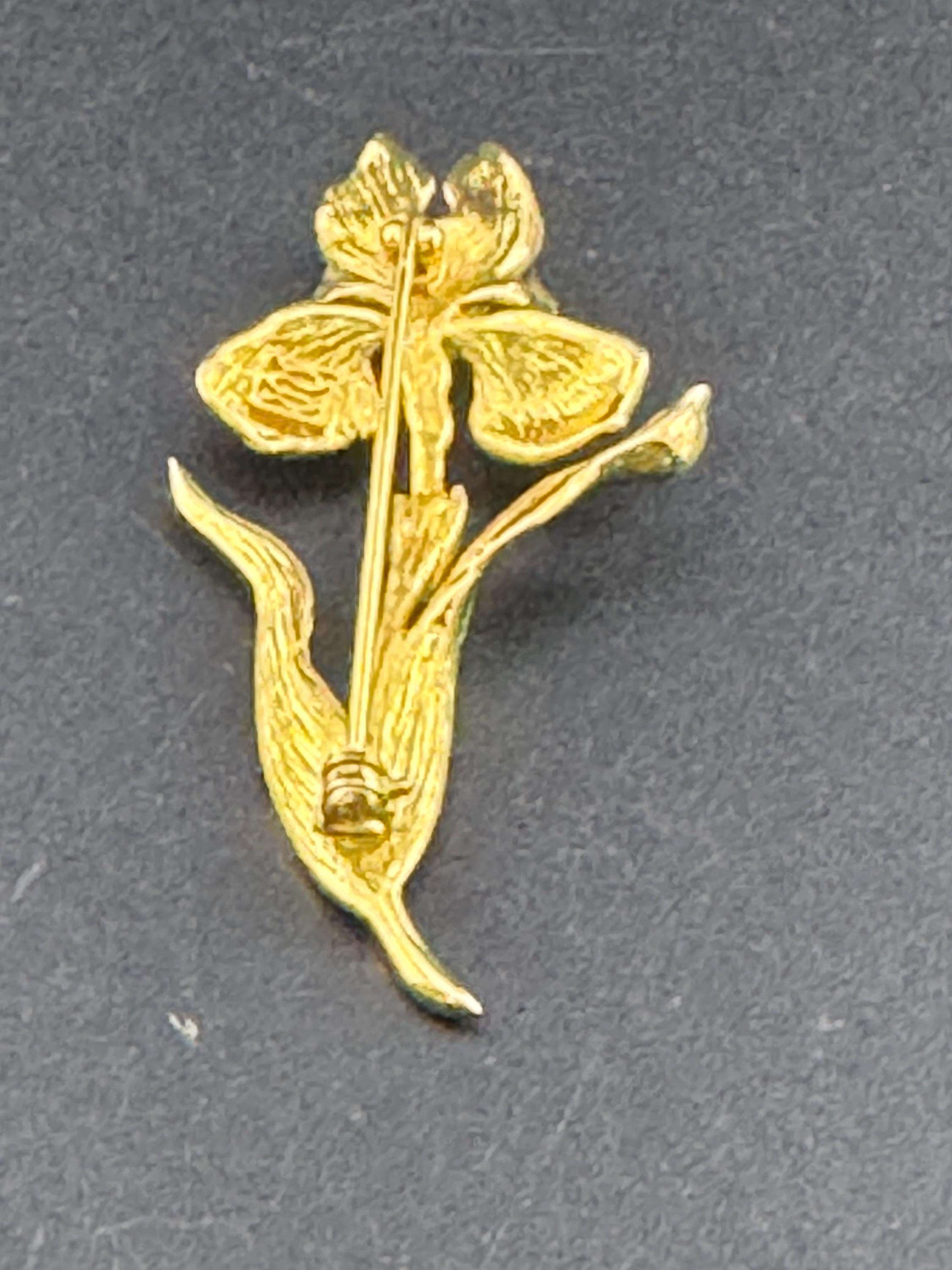Vintage signed yellow green enamel orchid flower brooch