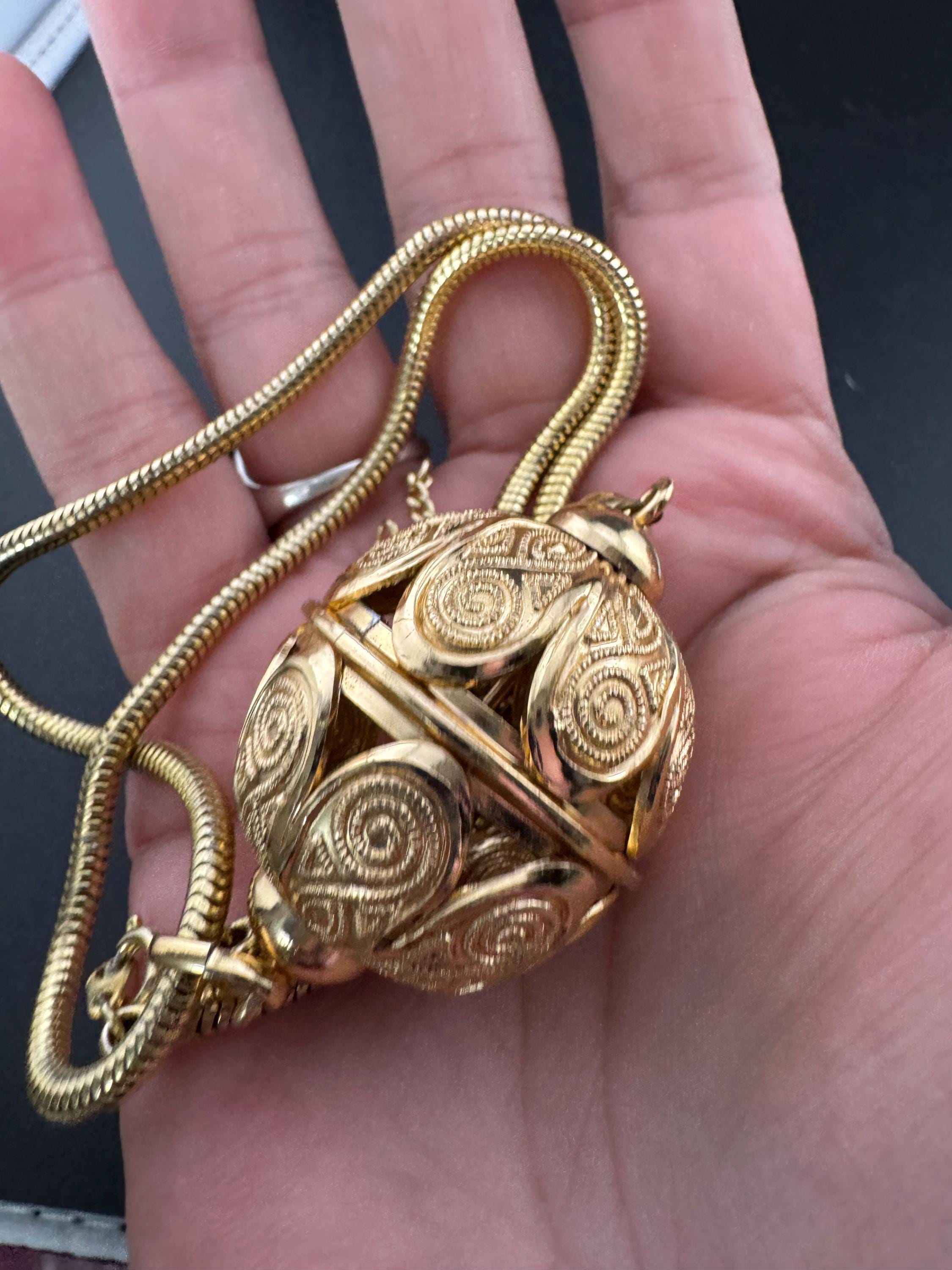 Vintage long round tube mesh link gold tone ornate cage ball tassel pendant necklace 70s