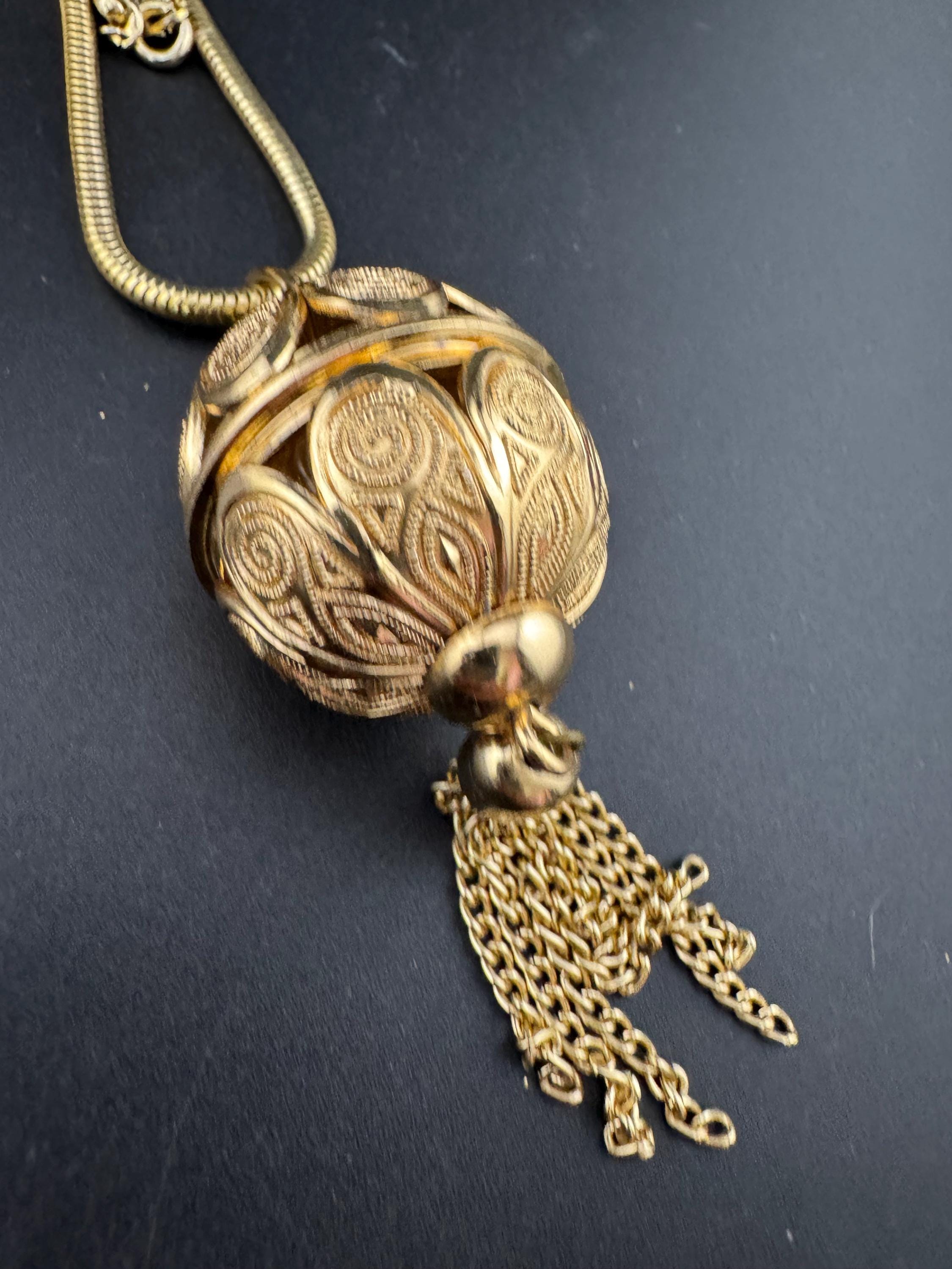 Vintage long round tube mesh link gold tone ornate cage ball tassel pendant necklace 70s