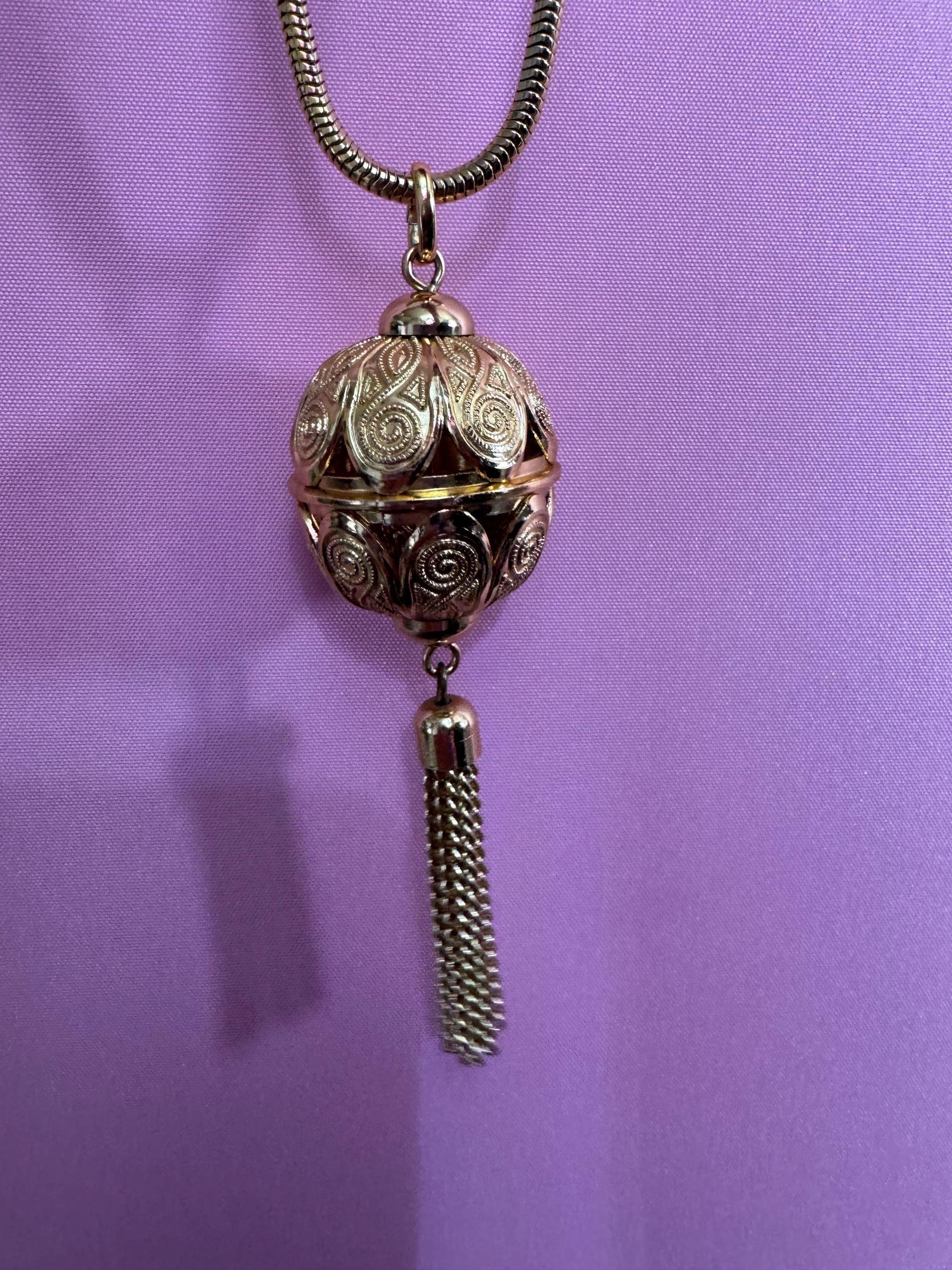 Vintage long round tube mesh link gold tone ornate cage ball tassel pendant necklace 70s