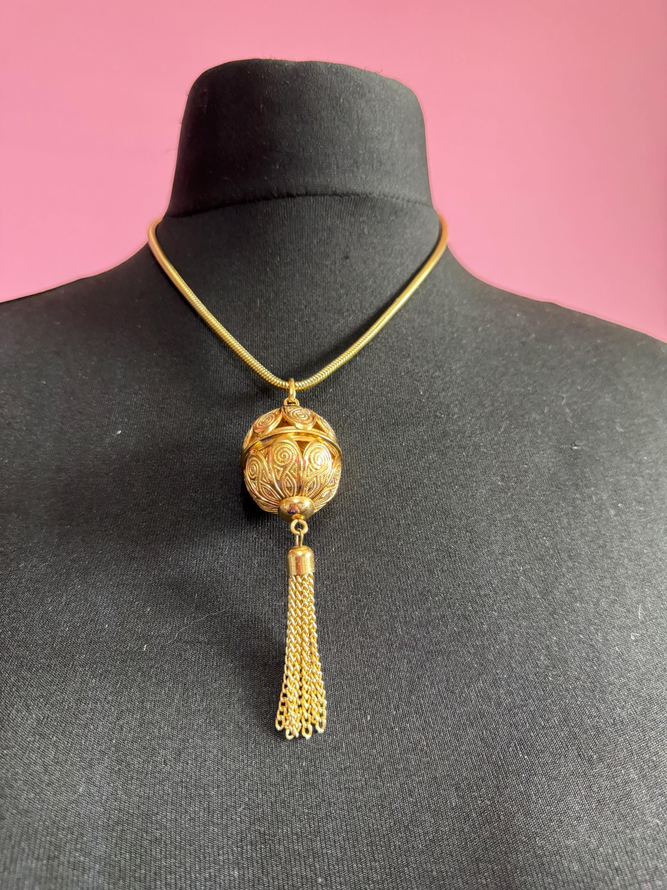 Vintage long round tube mesh link gold tone ornate cage ball tassel pendant necklace 70s