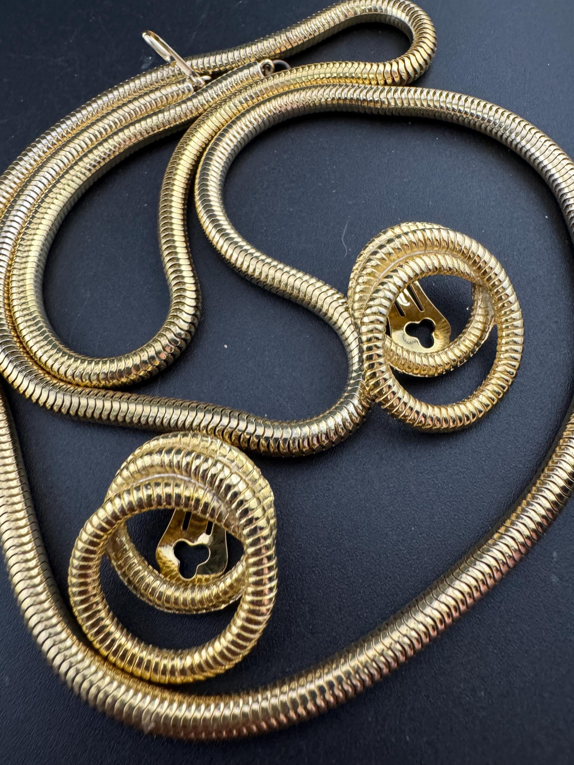 Vintage long round tube mesh link gold tone long chain necklace and matching earring set