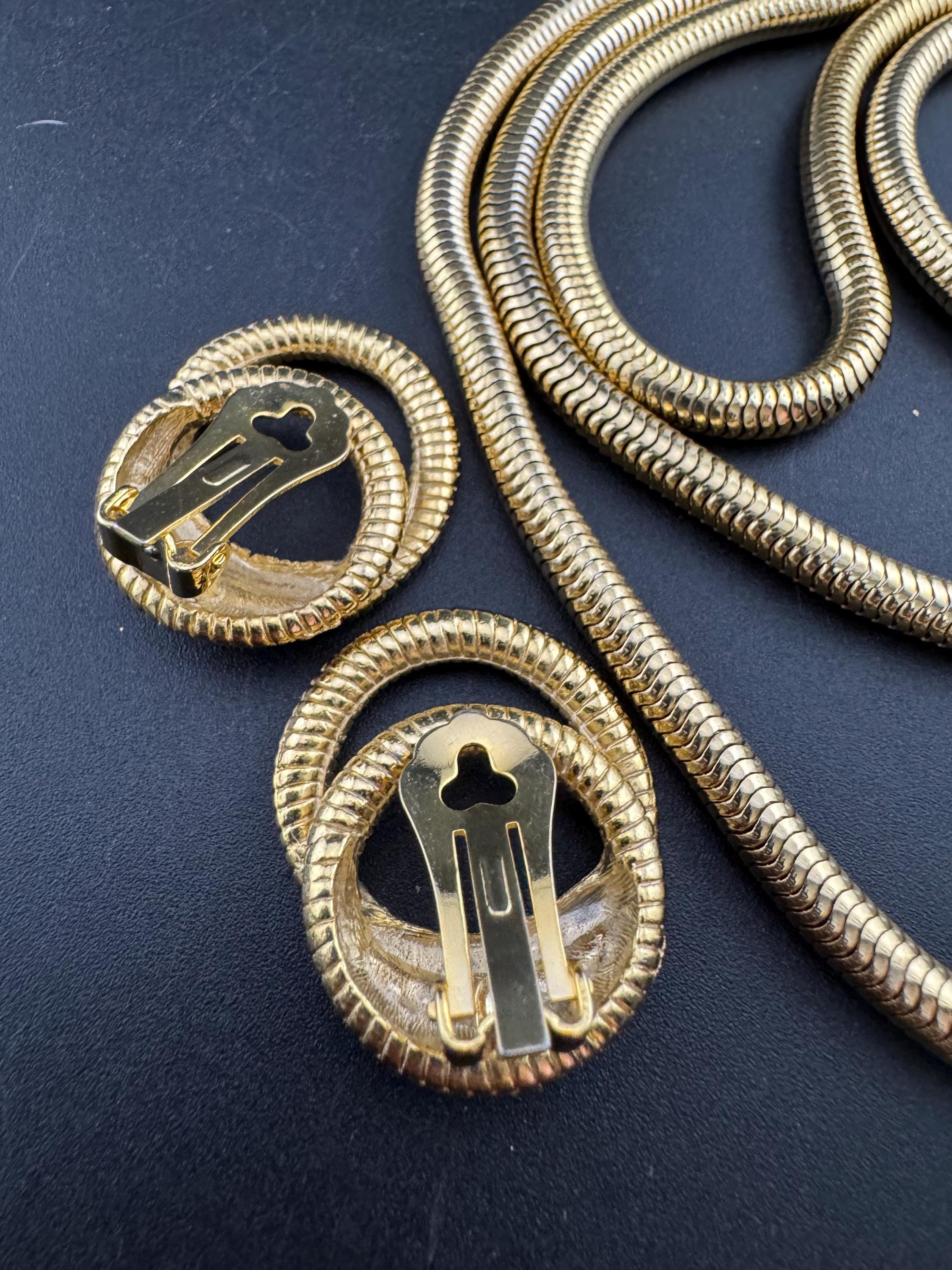 Vintage long round tube mesh link gold tone long chain necklace and matching earring set