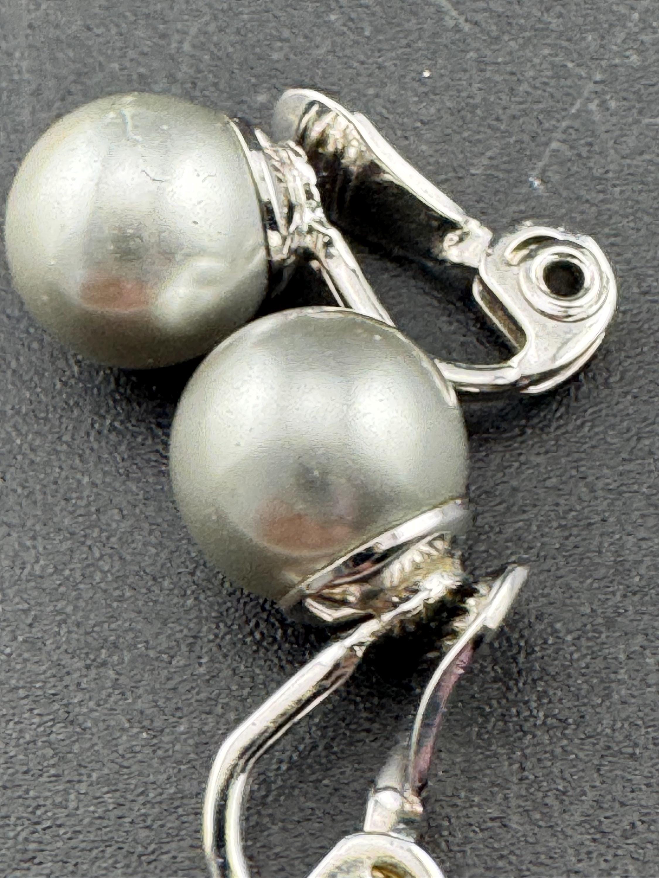 Vintage signed Monet faux grey pearl silver tone 22ct triple white gold plated 1cm ball stud clip on earrings