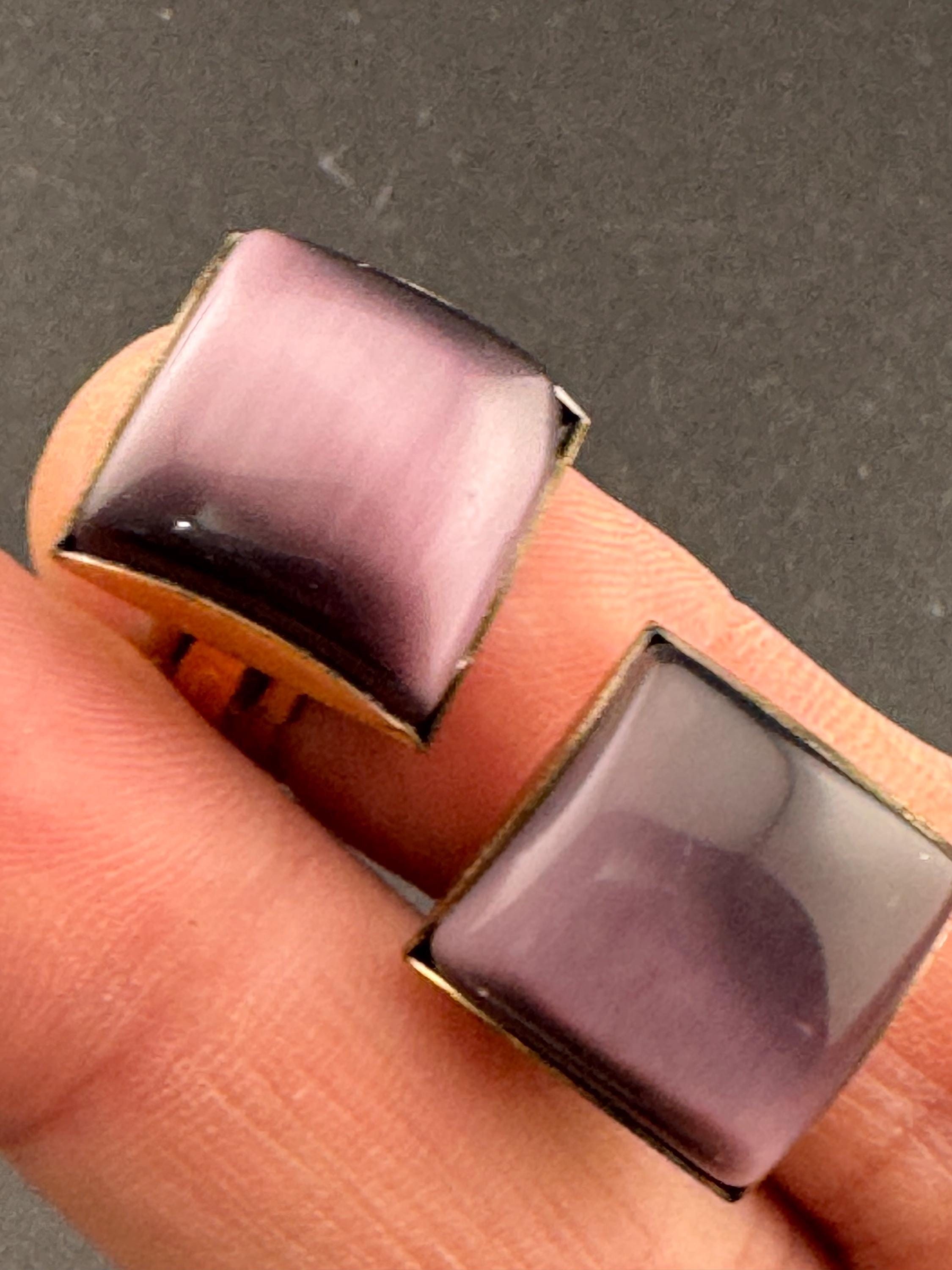 Nice early signed Bulatti square purple cabochon clip on earrings designer modernist