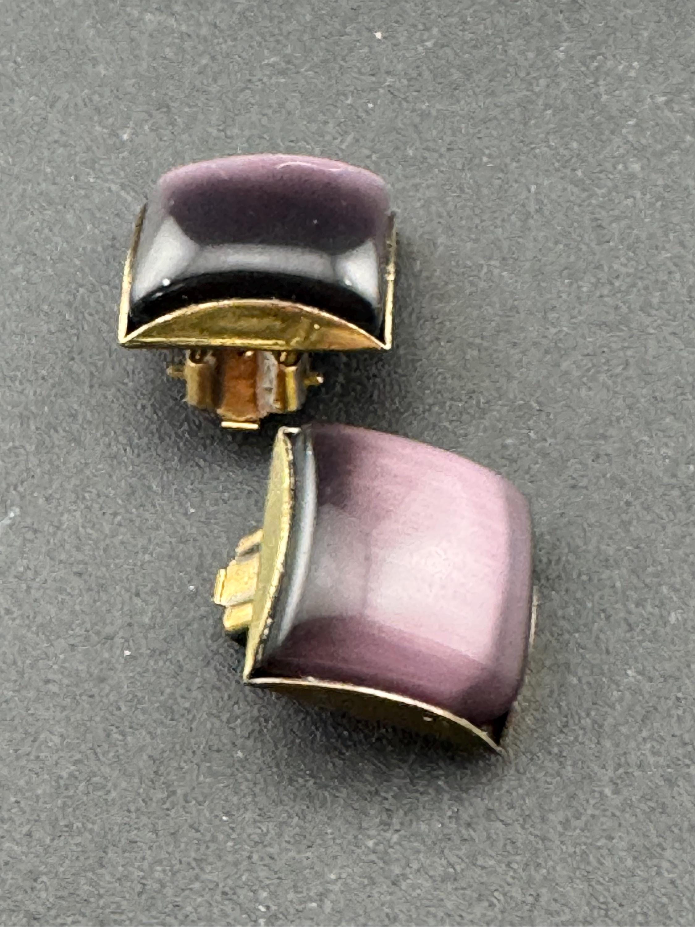 Nice early signed Bulatti square purple cabochon clip on earrings designer modernist