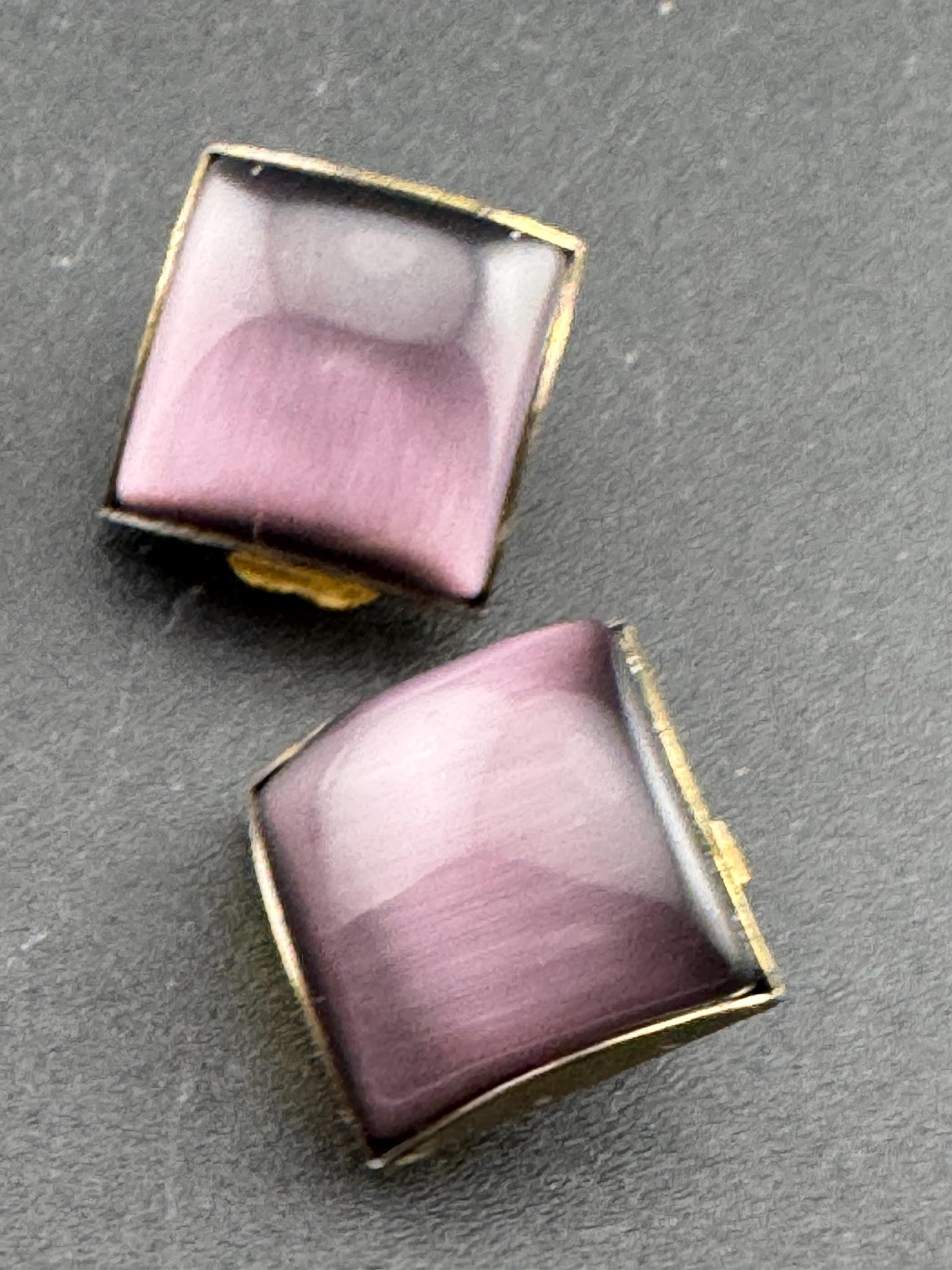 Nice early signed Bulatti square purple cabochon clip on earrings designer modernist