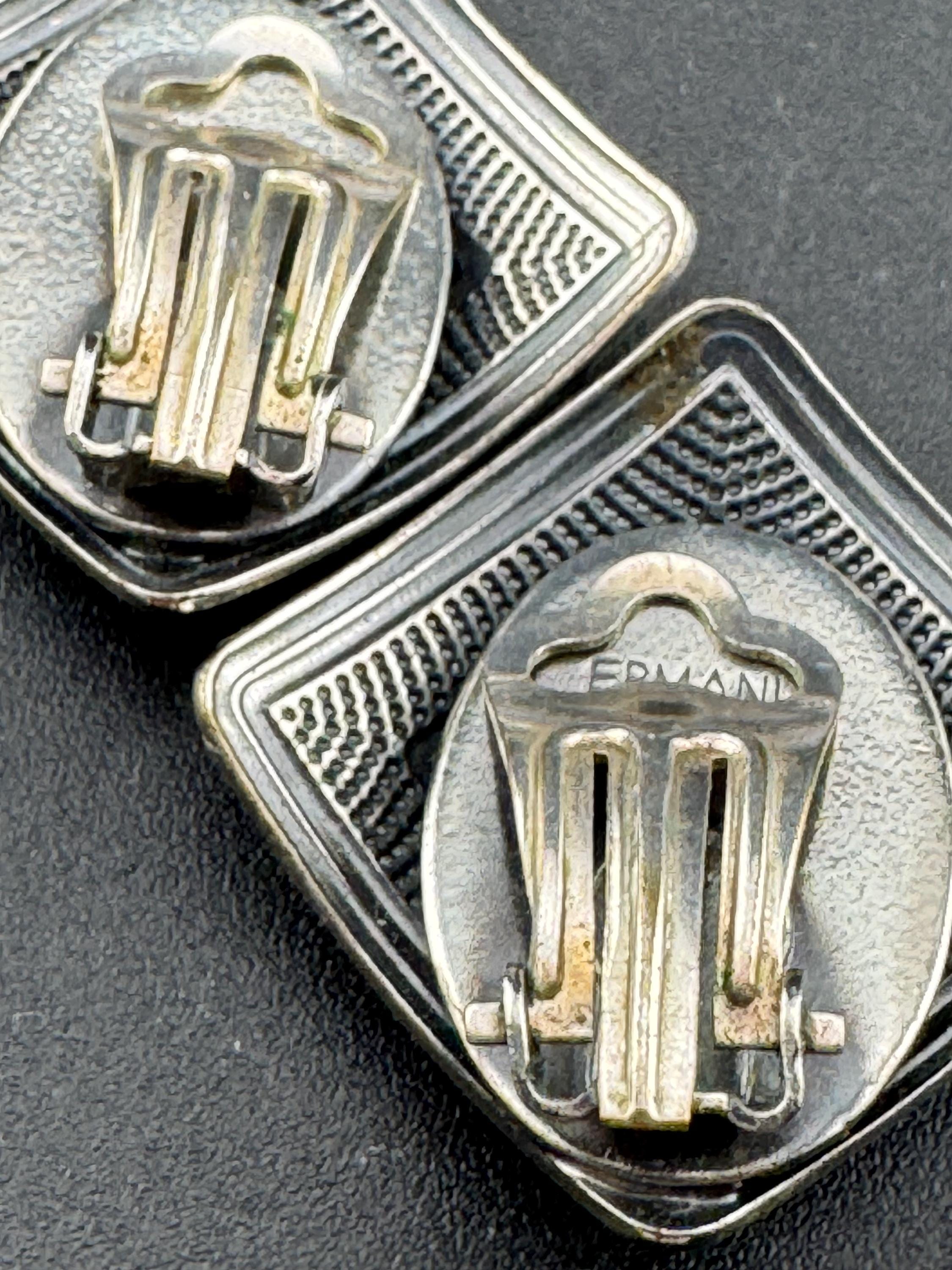 Vintage signed Ermani bulatti art nouveau style silver tone  square mother of pearl clip on earrings, studs
