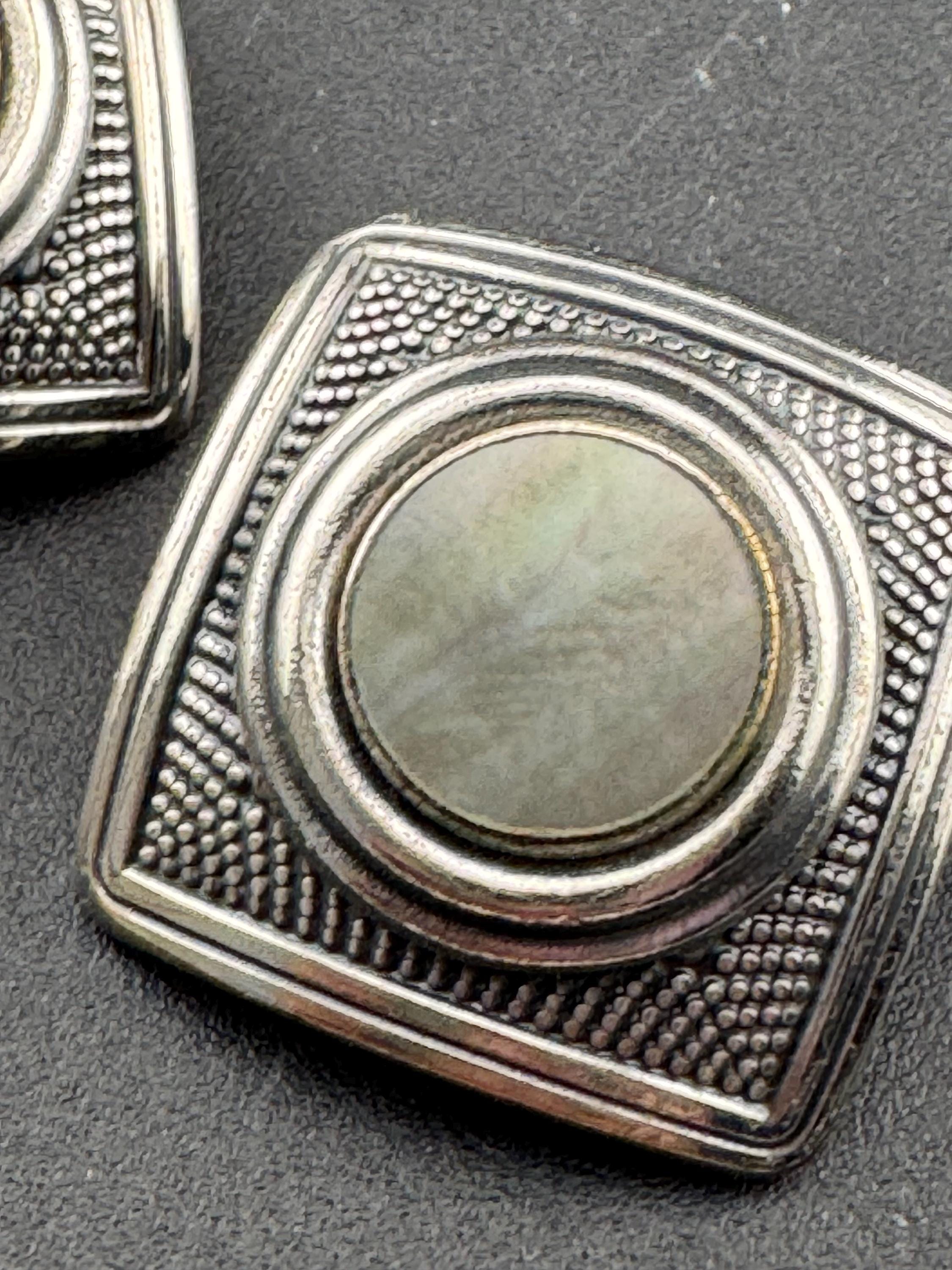 Vintage signed Ermani bulatti art nouveau style silver tone  square mother of pearl clip on earrings, studs