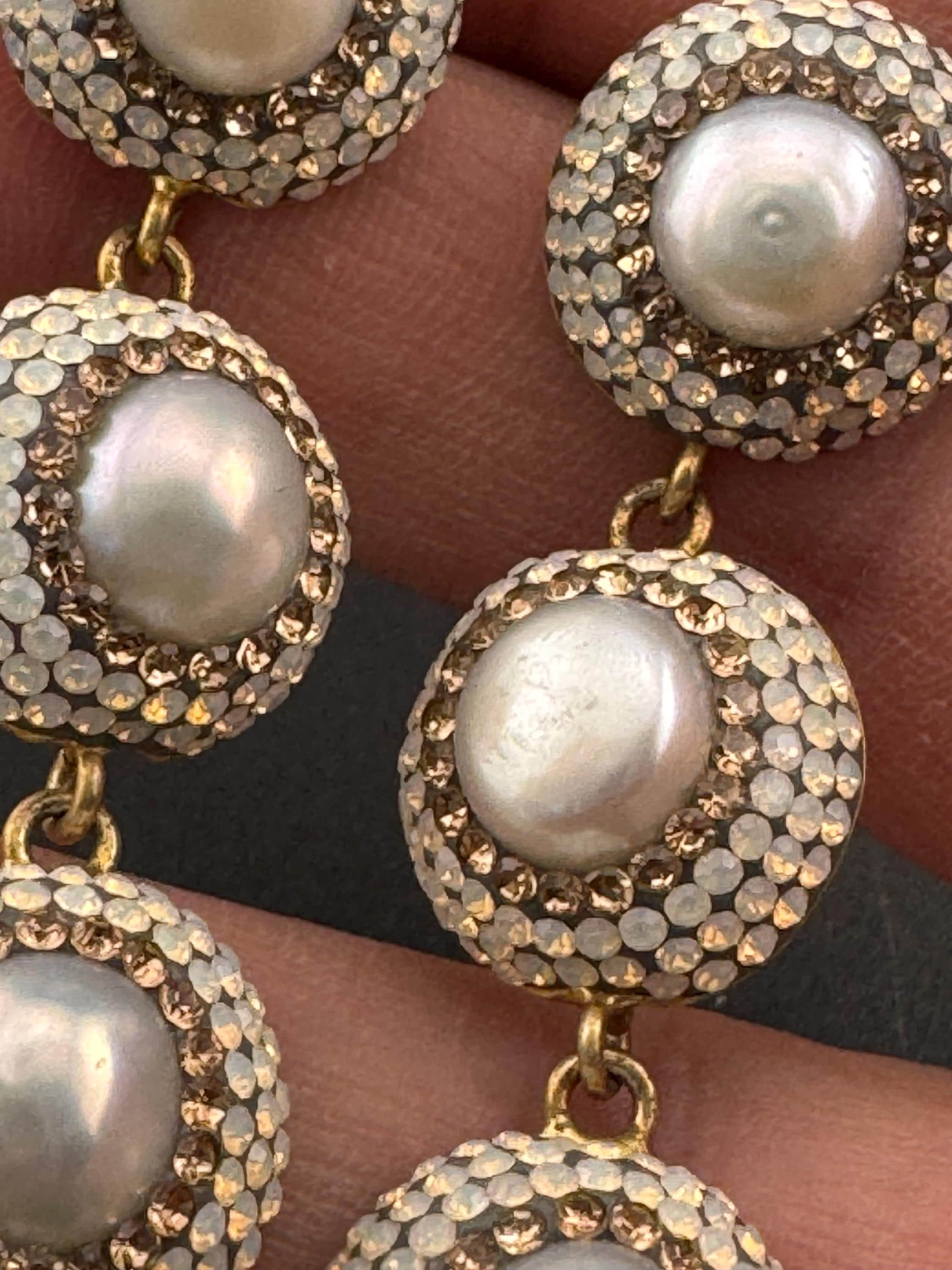 signed SORU High end designer 925 silver gilt baroque pearl and diamanté 7cm faux pearl drop earrings