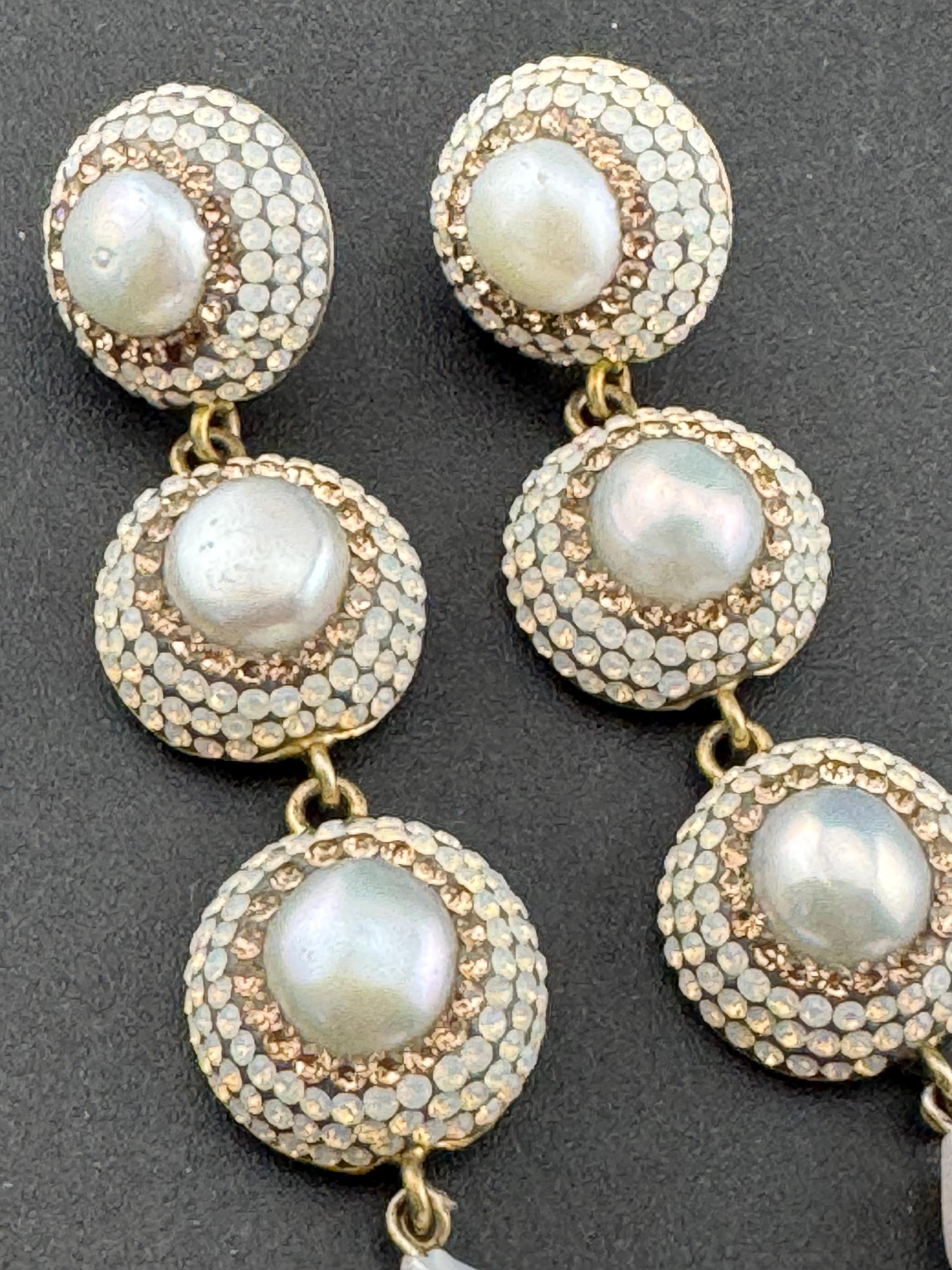 signed SORU High end designer 925 silver gilt baroque pearl and diamanté 7cm faux pearl drop earrings