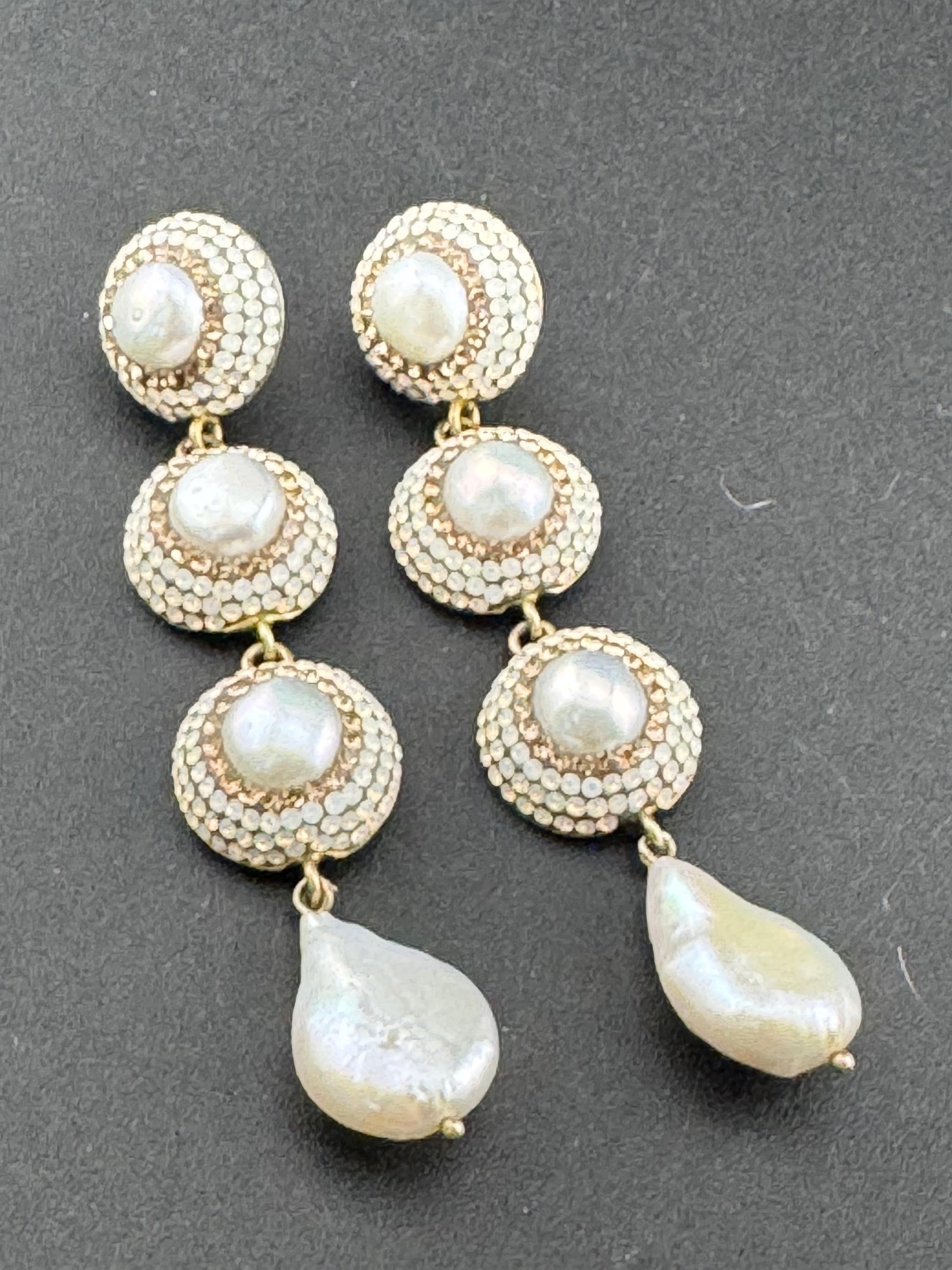 signed SORU High end designer 925 silver gilt baroque pearl and diamanté 7cm faux pearl drop earrings