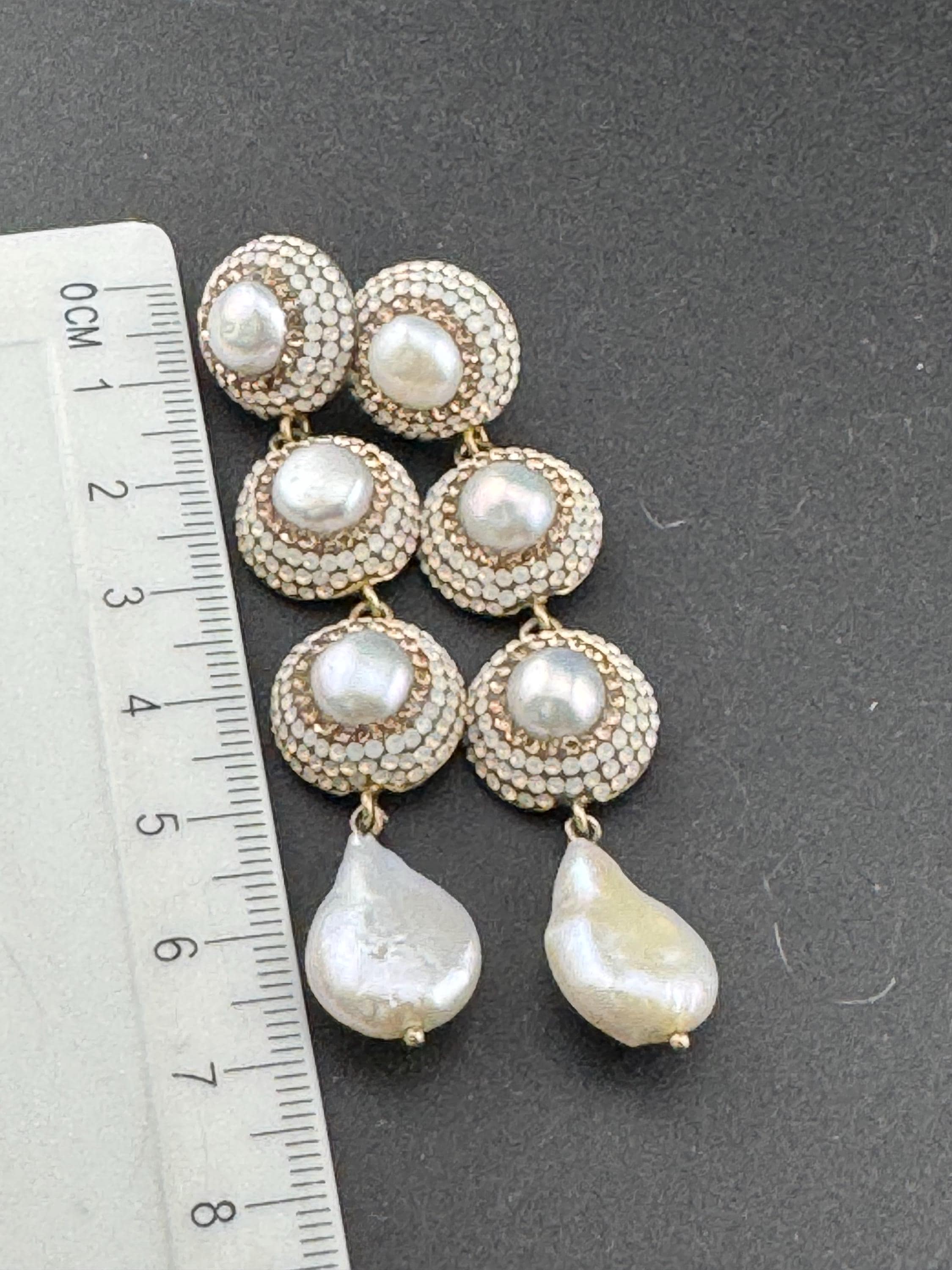 signed SORU High end designer 925 silver gilt baroque pearl and diamanté 7cm faux pearl drop earrings