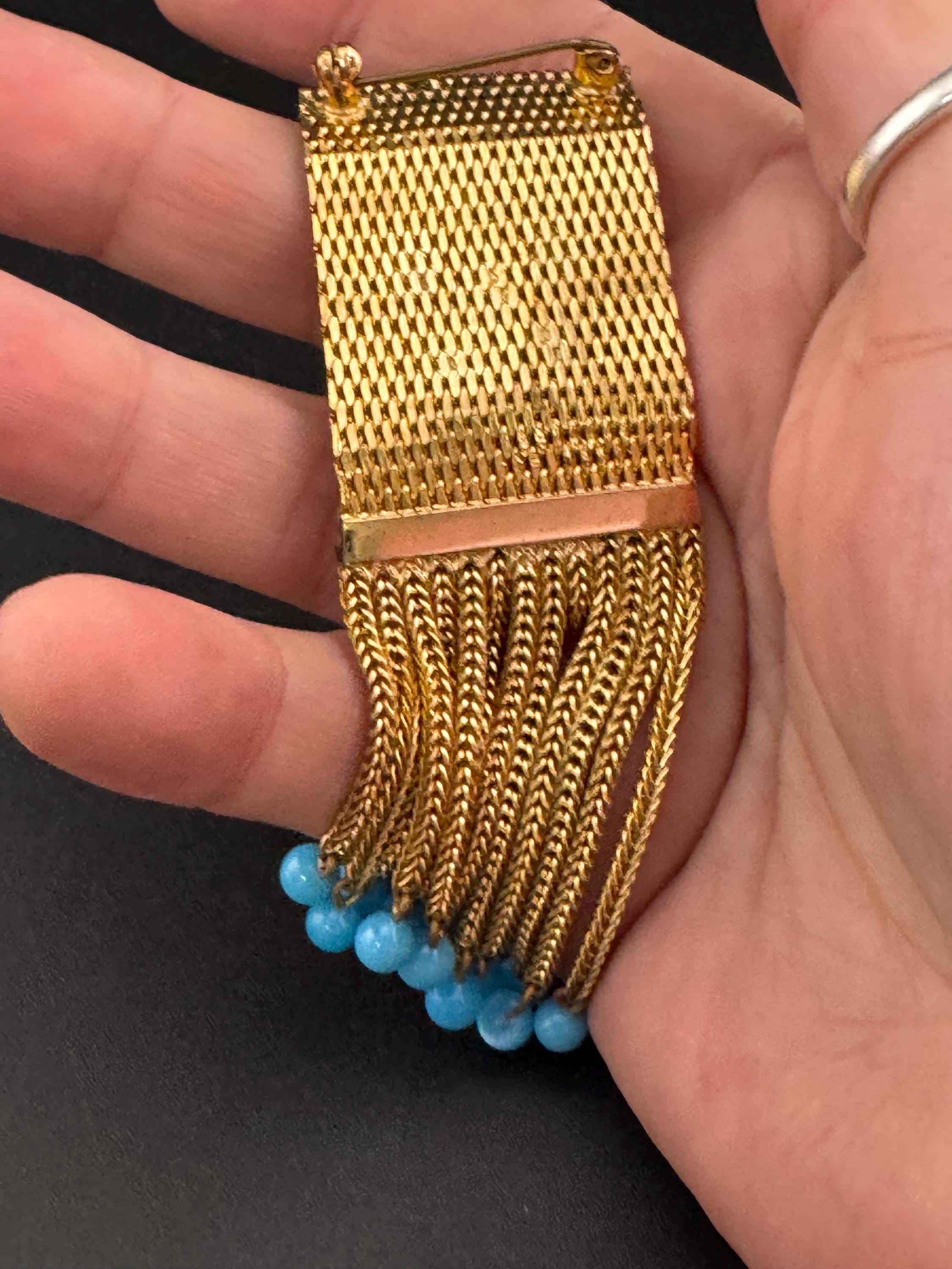 vintage modernist mid century gold tone 9cm mesh waterfall brooch set with turquoise paste