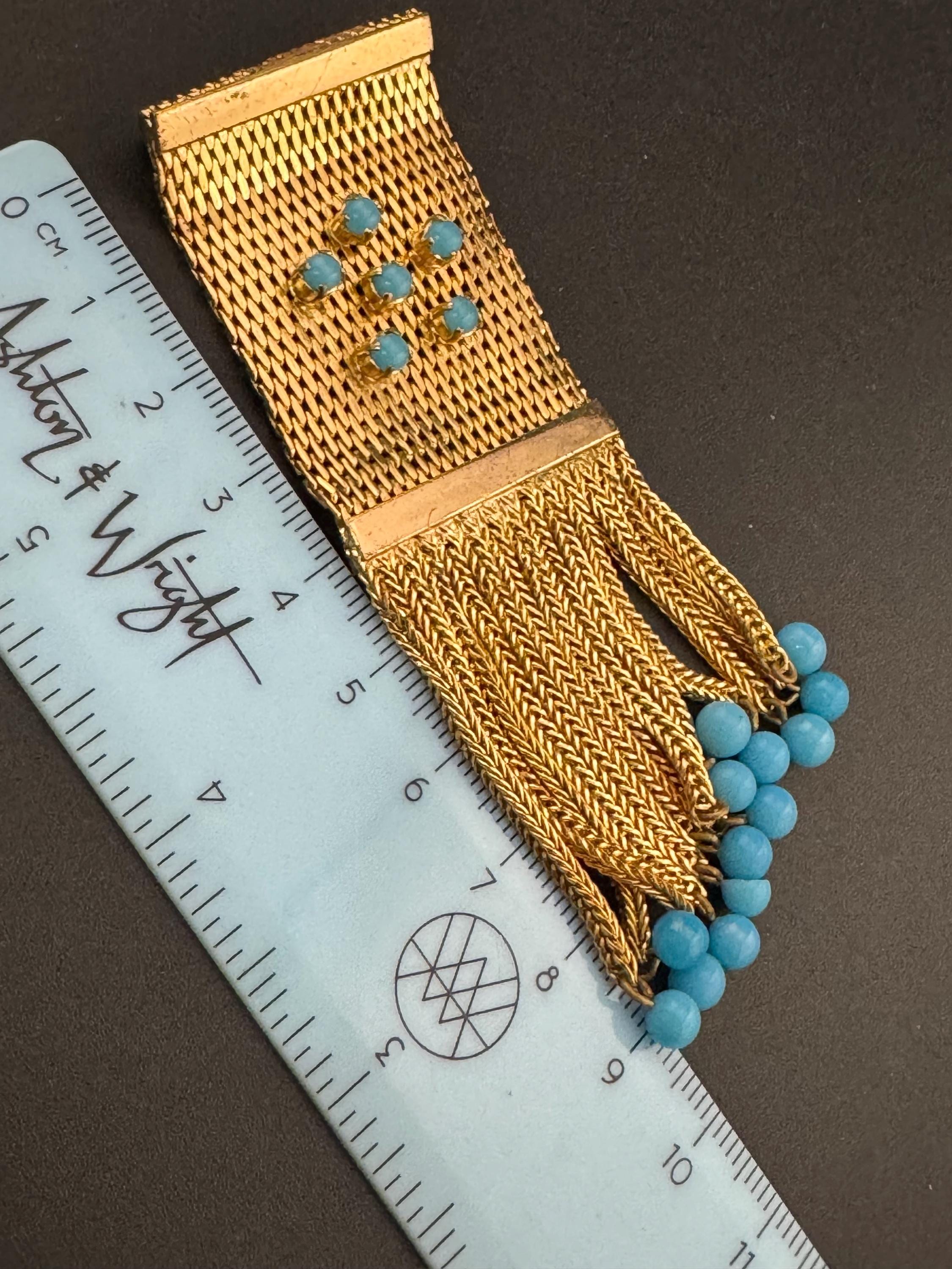 vintage modernist mid century gold tone 9cm mesh waterfall brooch set with turquoise paste