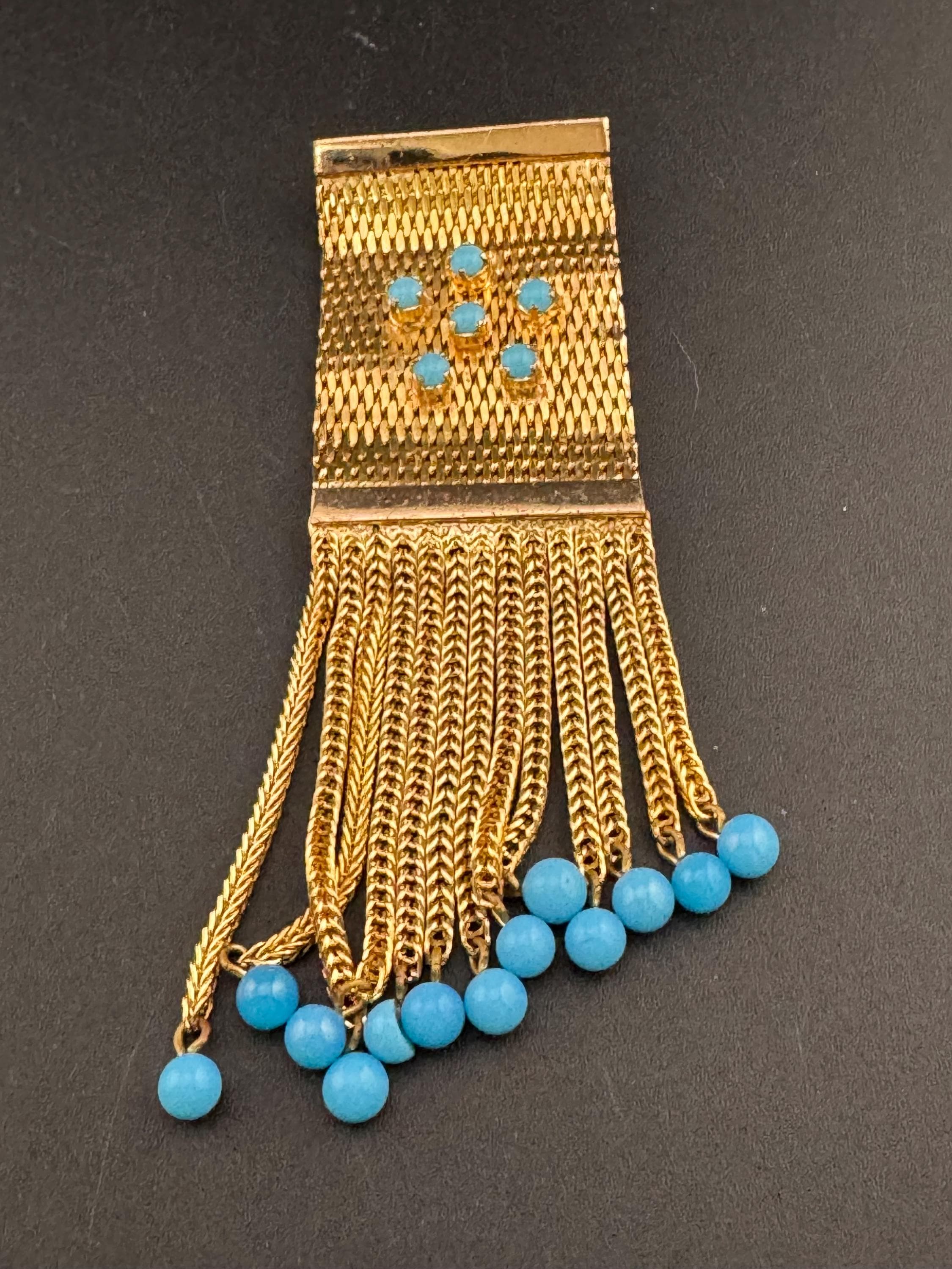 vintage modernist mid century gold tone 9cm mesh waterfall brooch set with turquoise paste