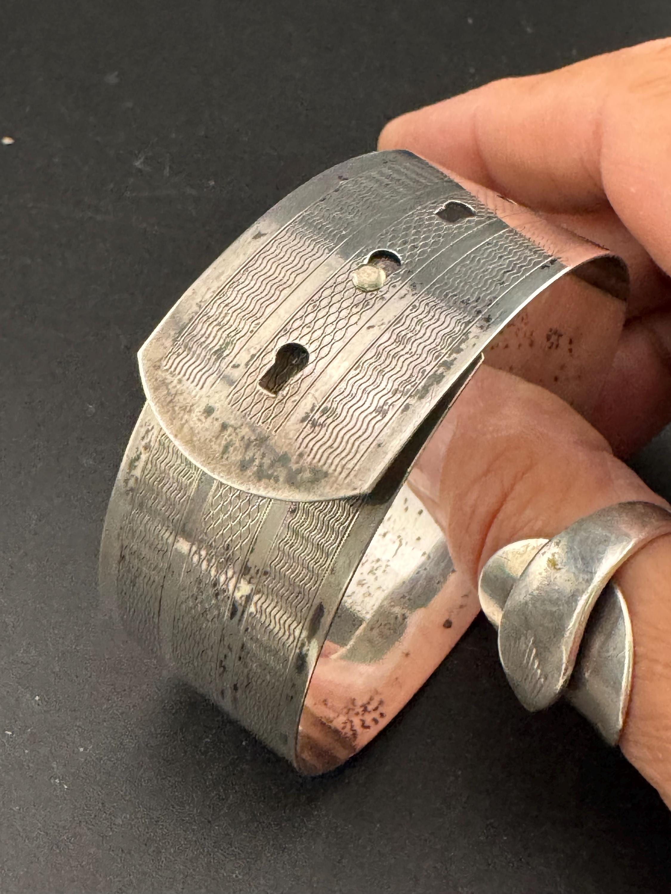 Stamped sterling silver Art Deco belt Buckle Bangle bracelet vintage 2.5cm wide engine turned