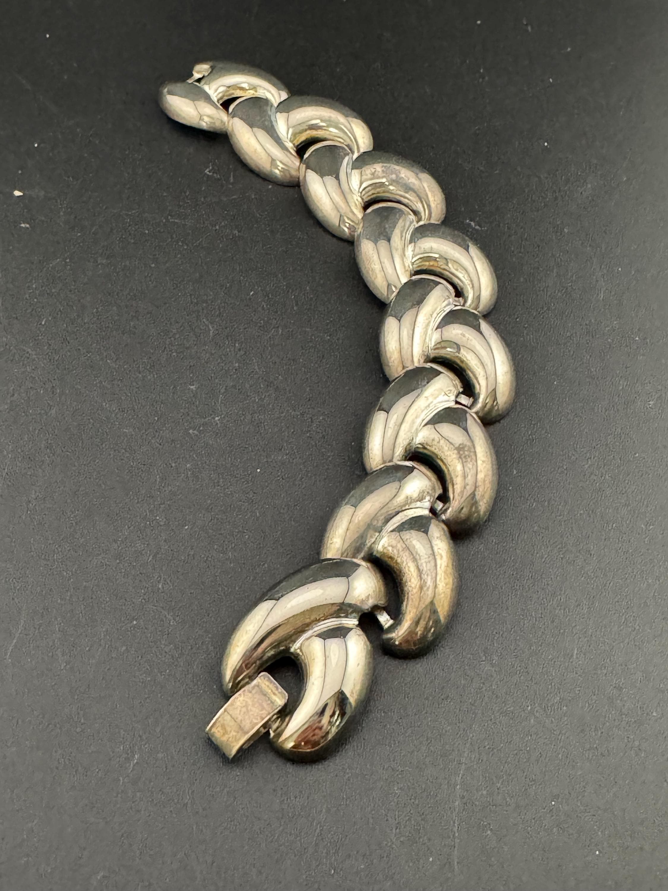 Early retro modernist silver tone embossed wide chunky statement bracelet 18.5cm 1980s 1990s
