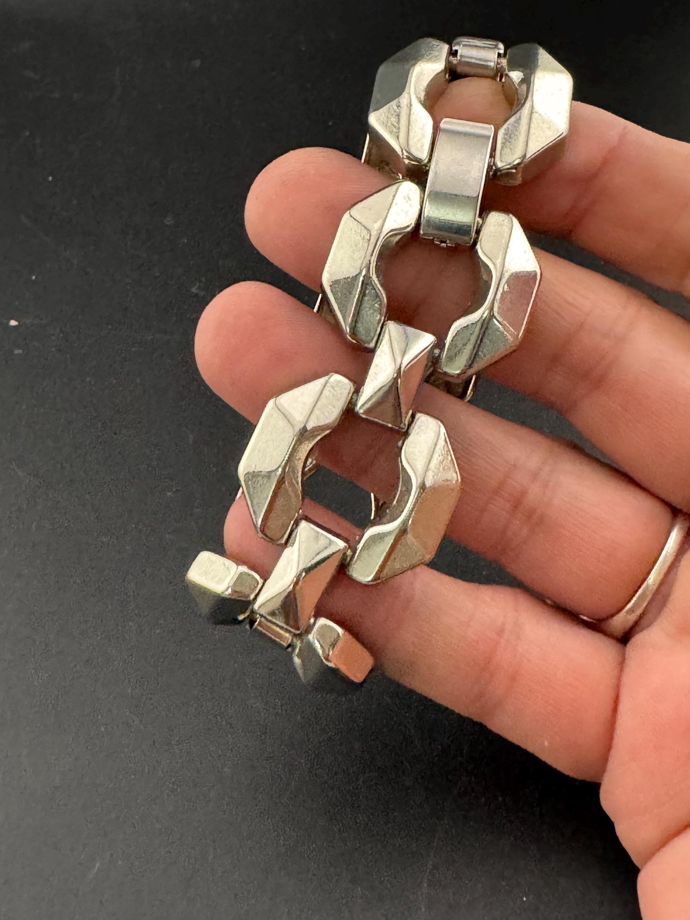 Retro modernist silver tone wide chunky geometric cable  bracelet 18.5cm 1980s 1990s