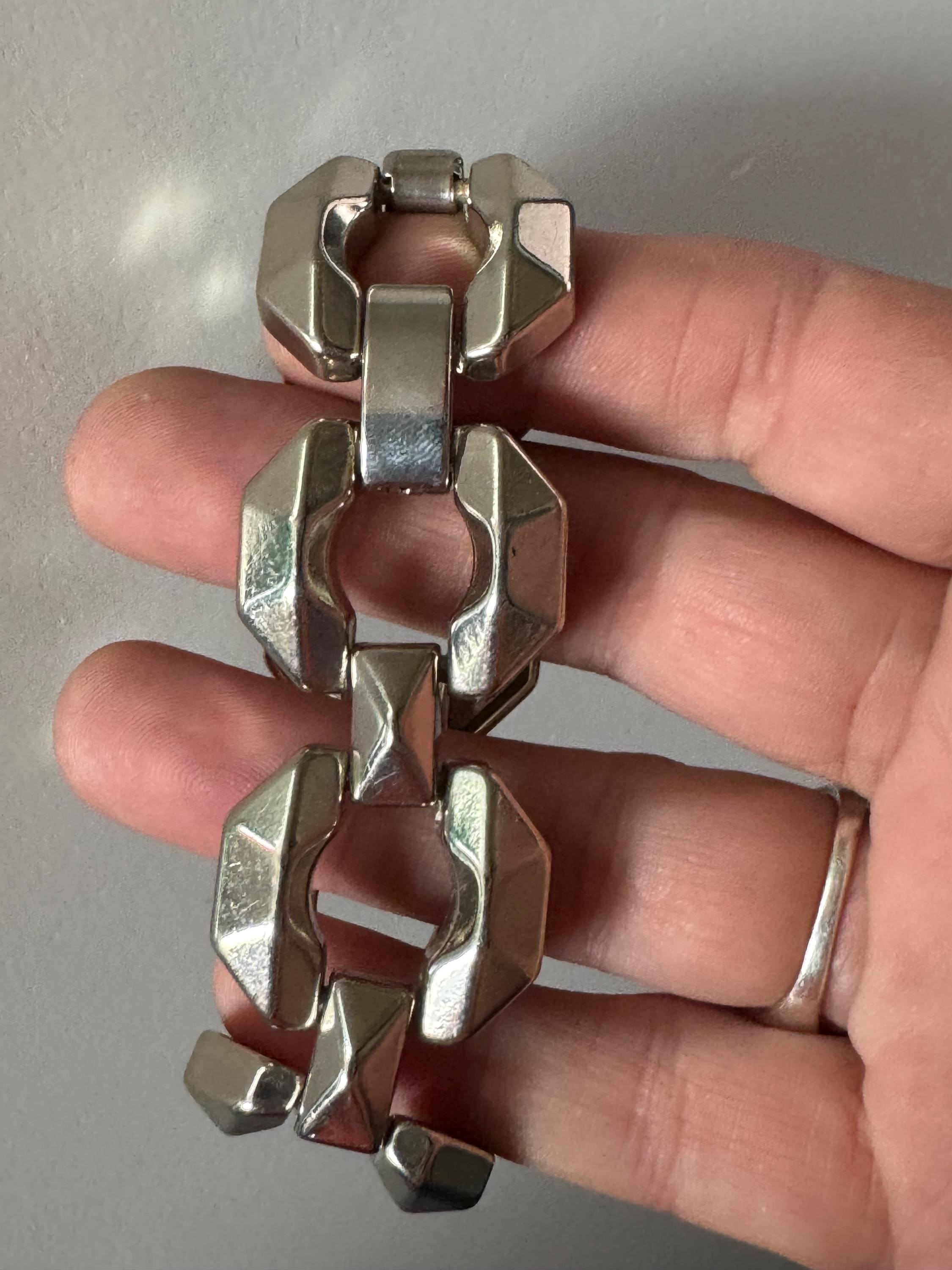 Retro modernist silver tone wide chunky geometric cable  bracelet 18.5cm 1980s 1990s
