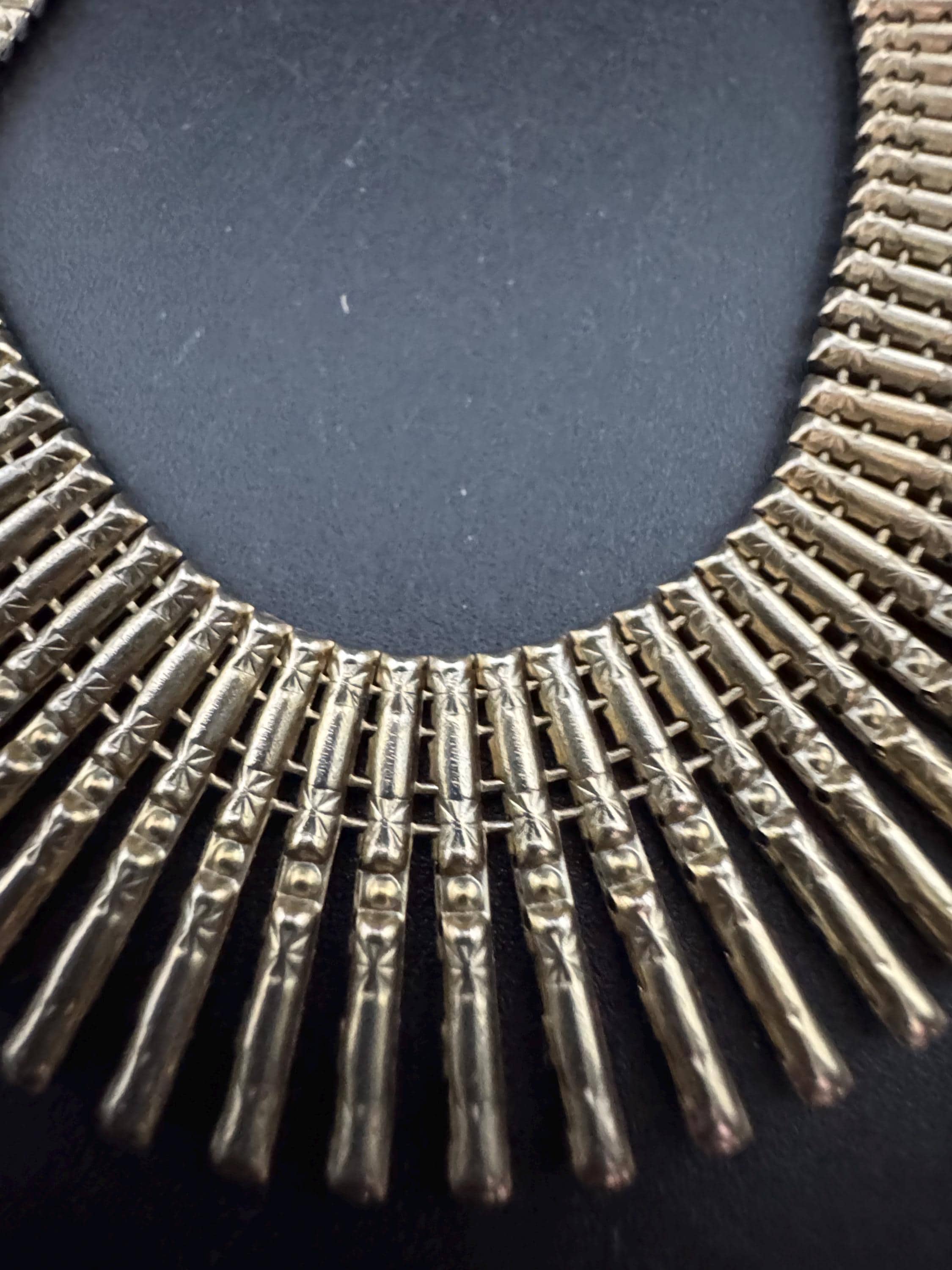 Vintage cleopatra Egyptian fringed dark gold tone wide choker necklace