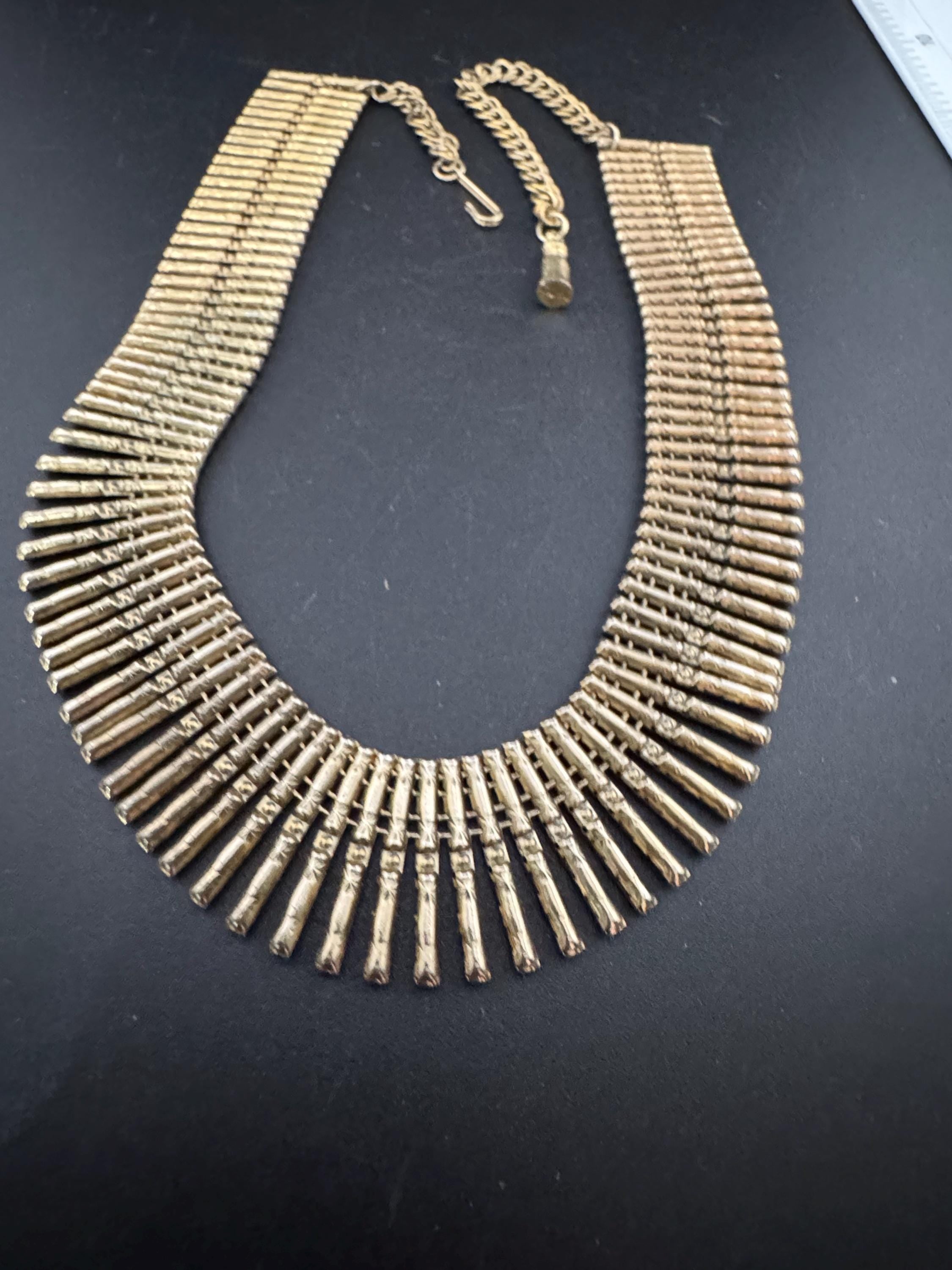Vintage cleopatra Egyptian fringed dark gold tone wide choker necklace