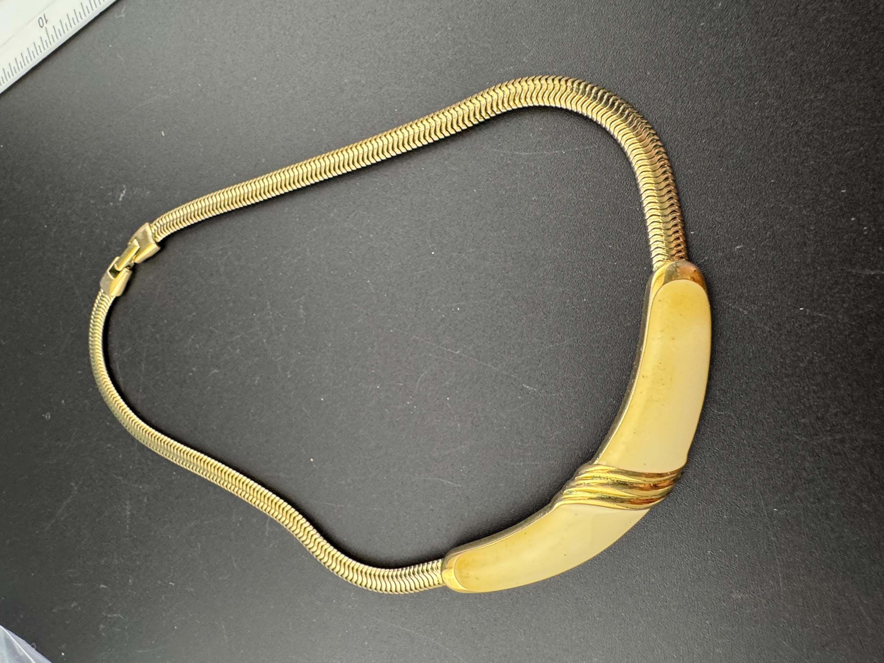 Vintage Bergdorf Goodman Choker: Gold Tone Snake Link with Cream Enamel