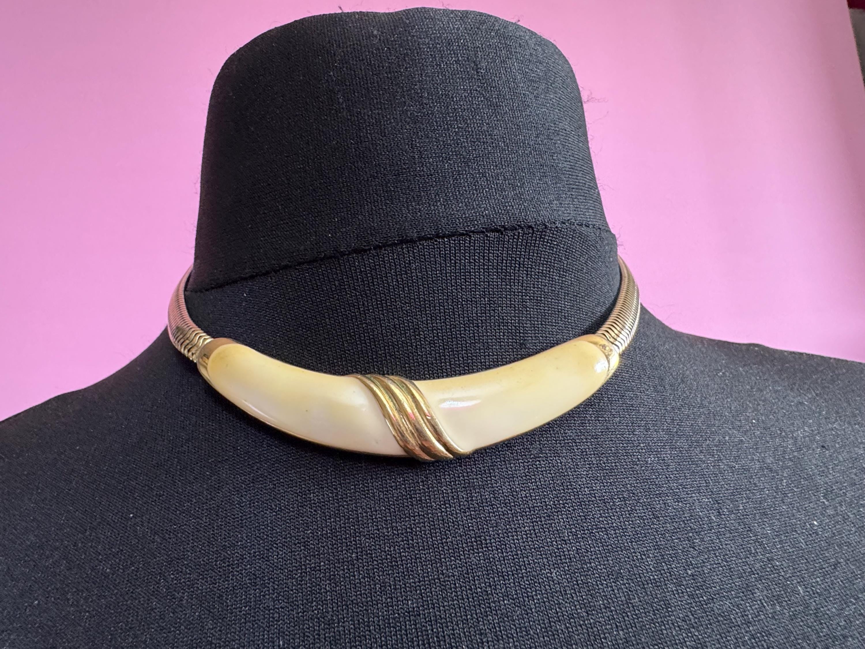 Vintage Bergdorf Goodman Choker: Gold Tone Snake Link with Cream Enamel