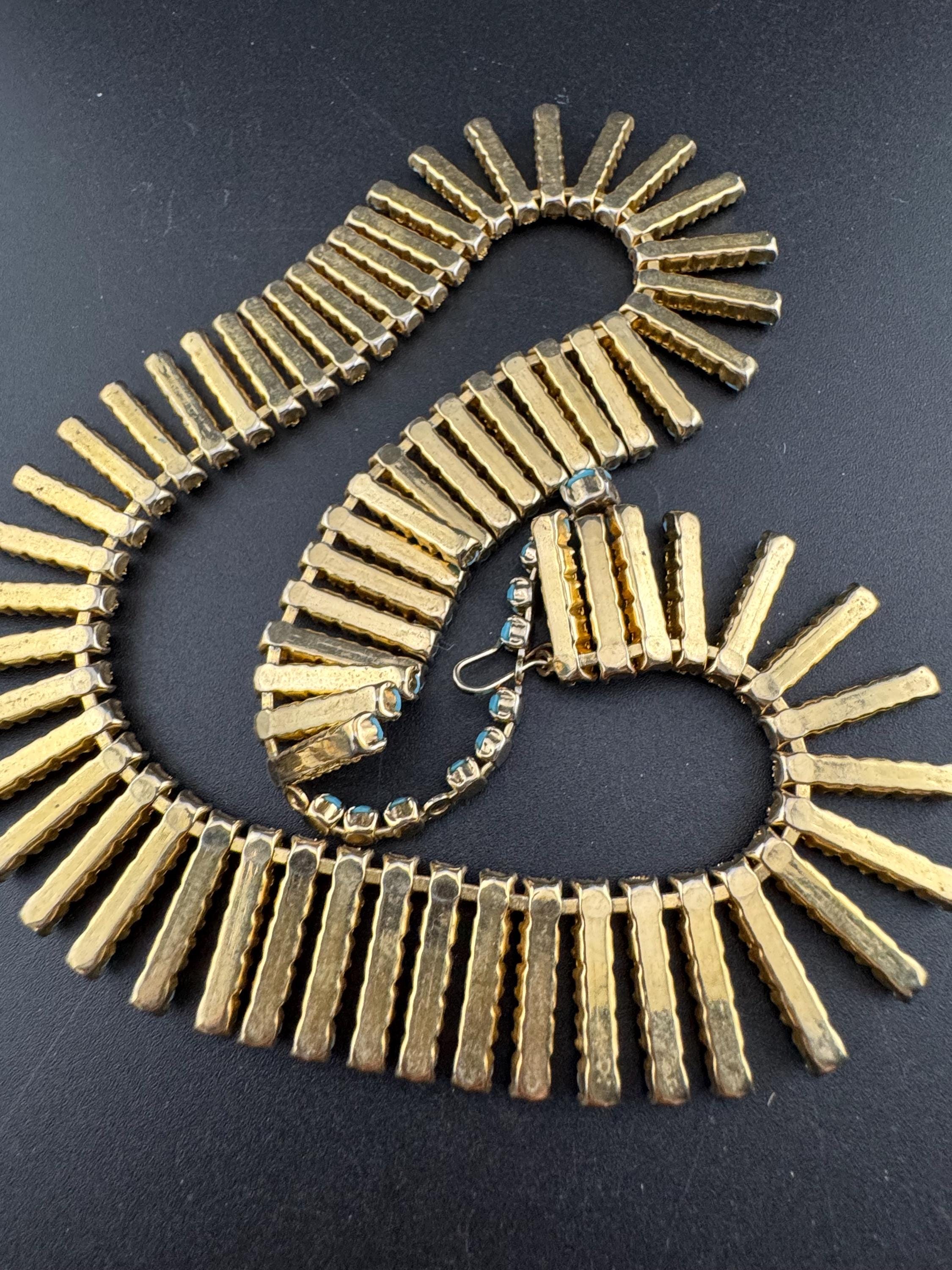 Vintage 1960s gold fringe necklace with turquoise glass paste stones