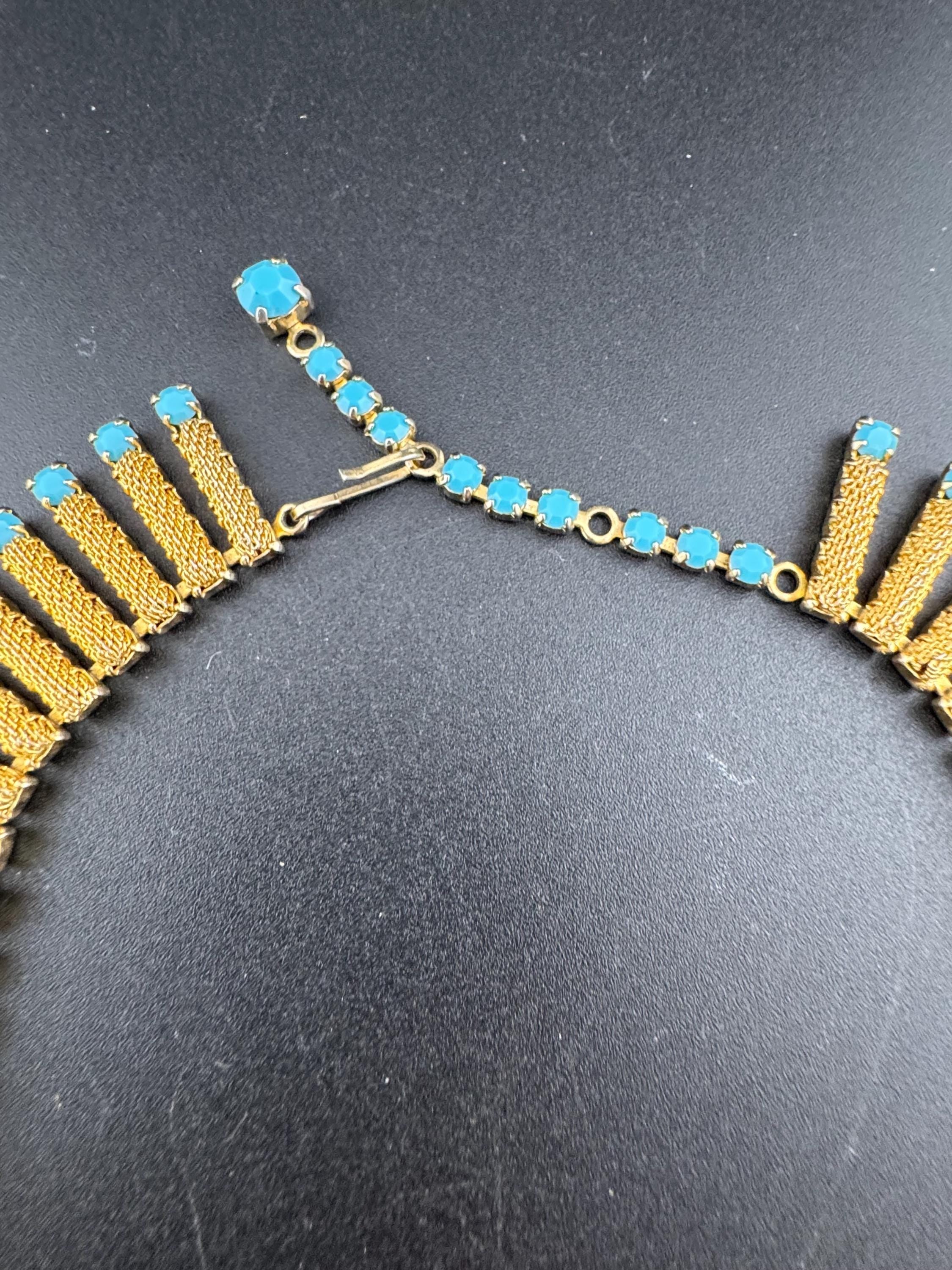 Vintage 1960s gold fringe necklace with turquoise glass paste stones